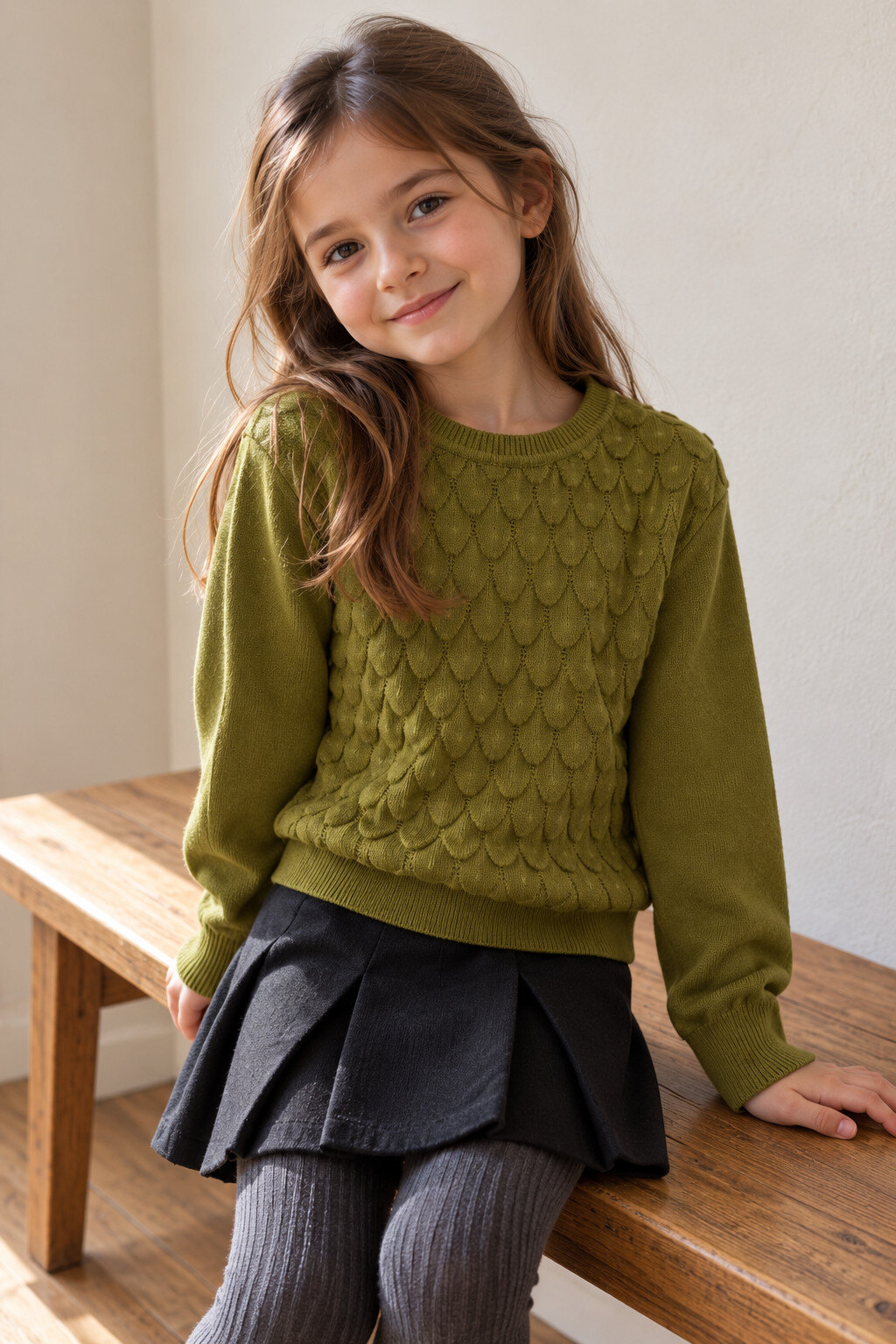 Grossista Grasstar - Maglione da bambina in maglia testurizzata con motivo a scaglie