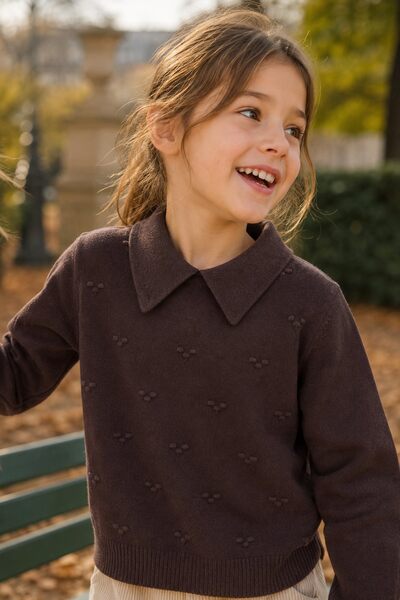 Mayorista Grasstar - Suéter de punto para niña con cuello de camisa y patrones en relieve Mayorista Grasstar - Suéter de punto para niña con cuello de camisa y patrones en relieve