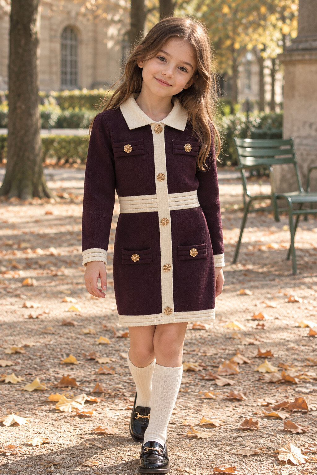 Mayorista Grasstar - Vestido de punto para niña con cuello contrastante y botones dorados