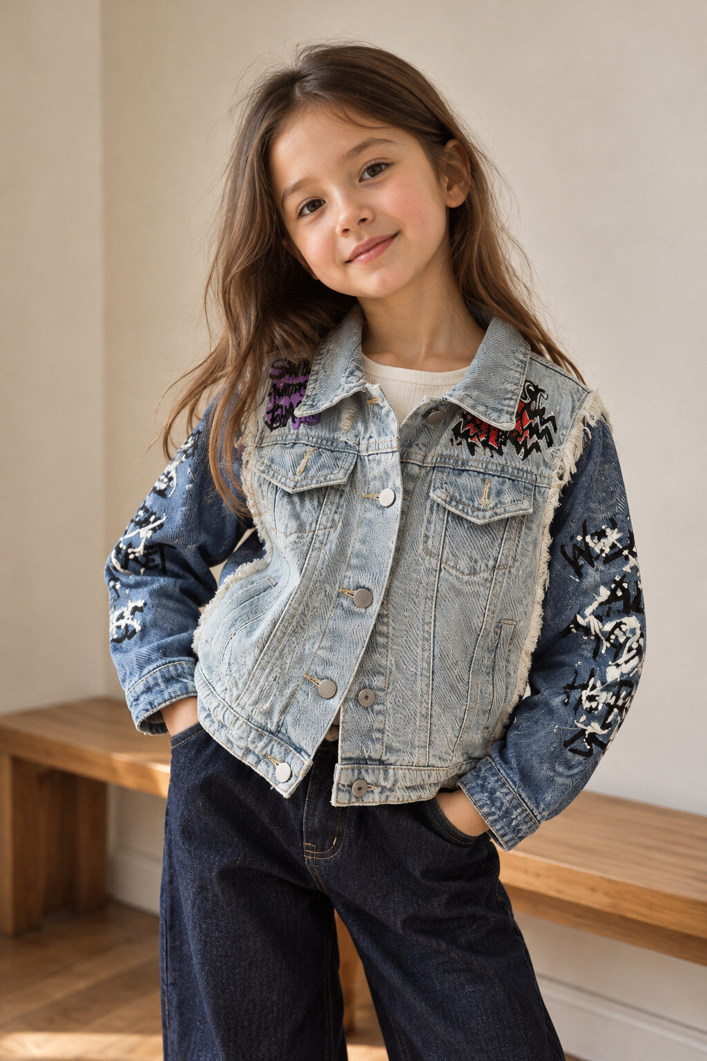 Mayorista Grasstar - Chaqueta vaquera bicolor para niña con estampados de graffiti