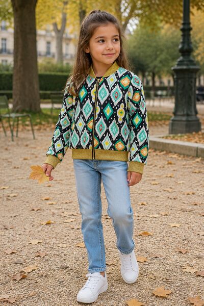 Grossiste Grasstar - Veste fille zippée à imprimé géométrique Grossiste Grasstar - Veste fille zippée à imprimé géométrique