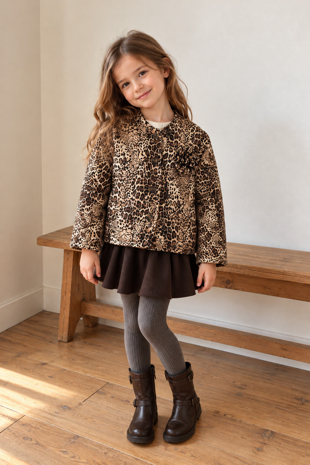 Grossista Grasstar - Giacca trapuntata con stampa leopardata e fiore decorativo per bambina