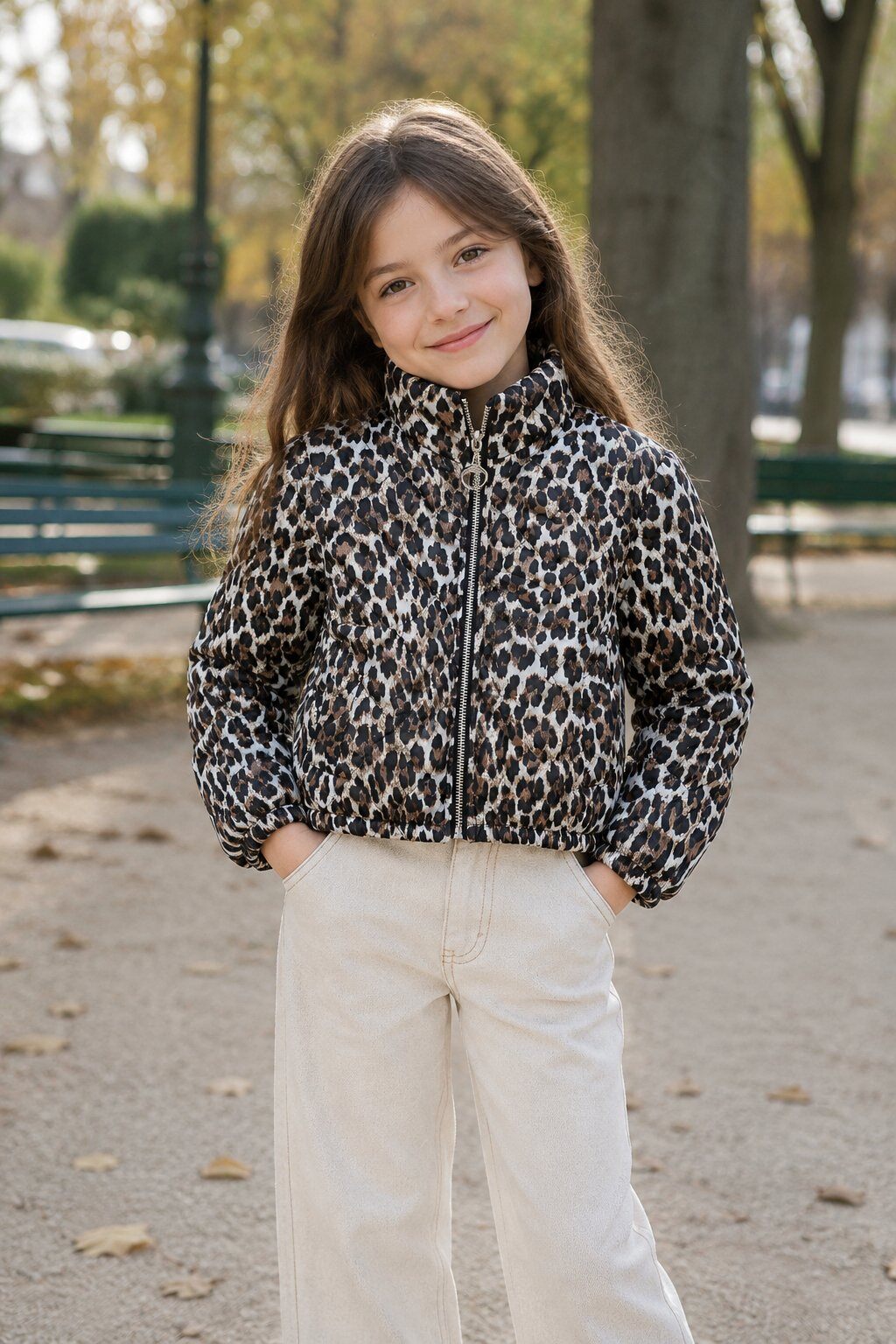 Mayorista Grasstar - Chaqueta acolchada para niña con estampado de leopardo y cuello alto con cremallera