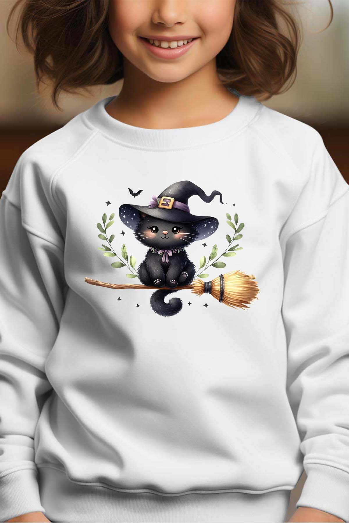 Grossista I.A.L.D FRANCE - Maglia girocollo per ragazze con stampa di scopa da strega e gatto