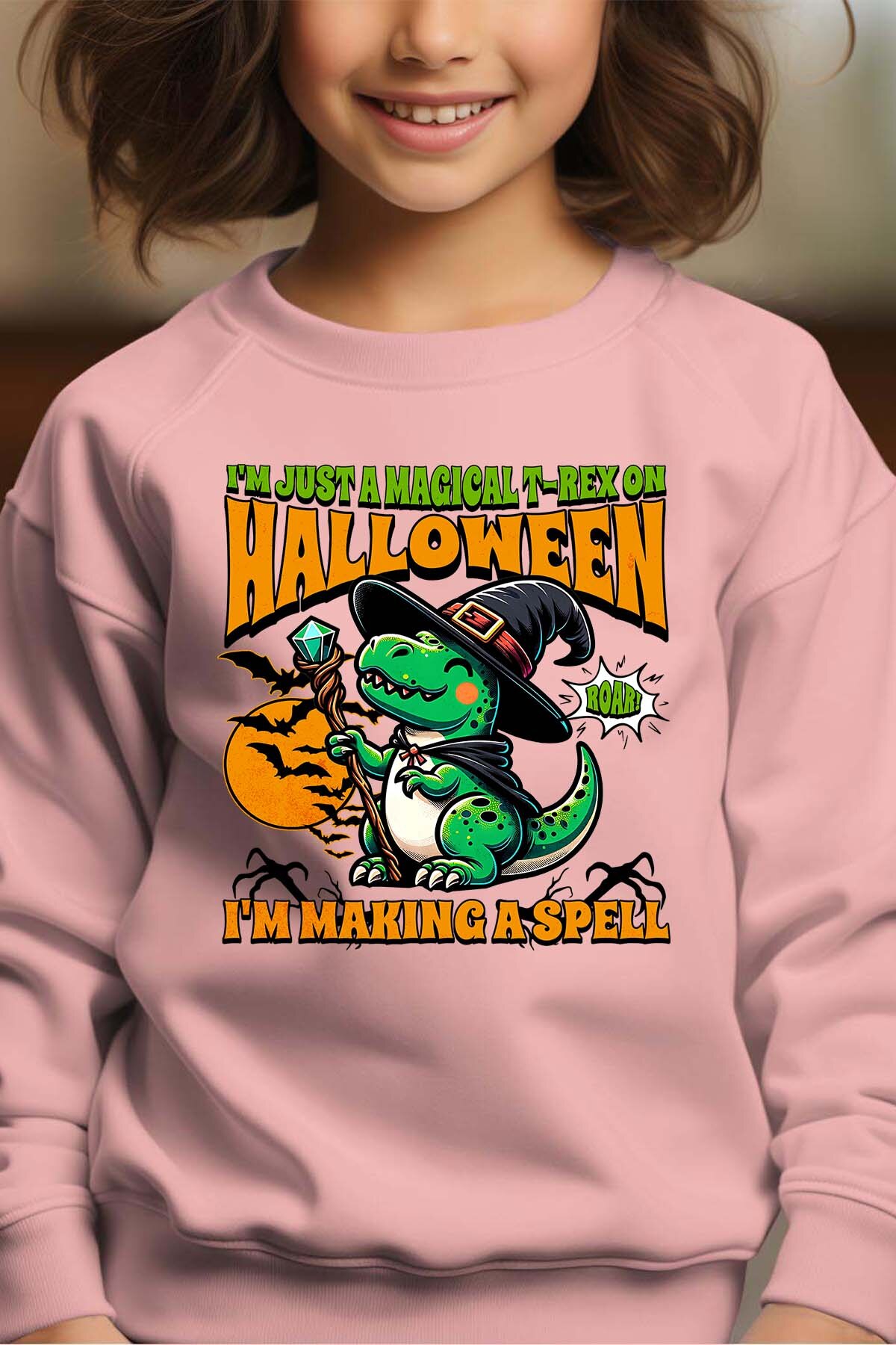 Grossiste I.A.L.D FRANCE - Halloween T-Rex Dinosaur Wizard Festive Dino - Sweat Col Rond Fille