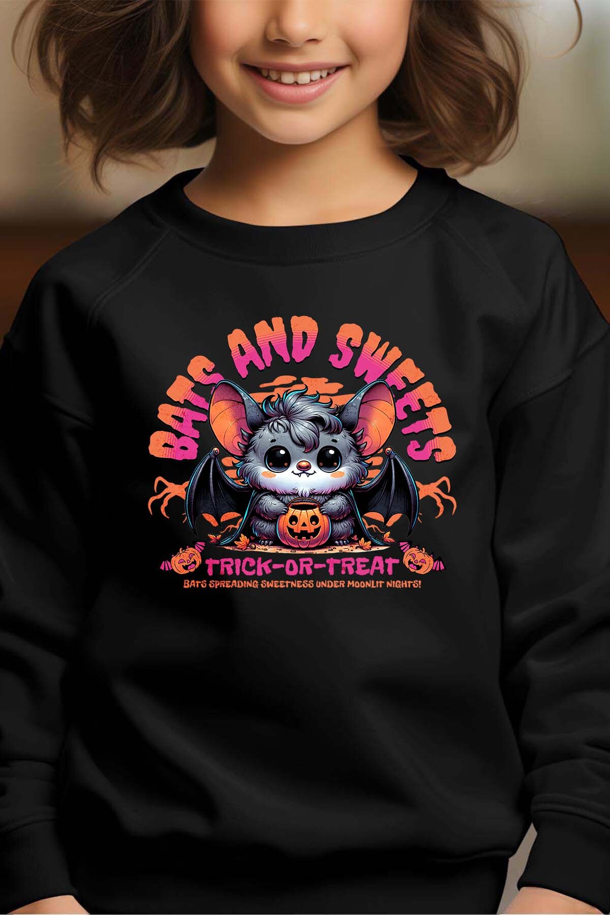 Grossiste I.A.L.D FRANCE - Bats And Sweets Trick Or Treat Spooky Halloween - Sweat Col Rond Fille