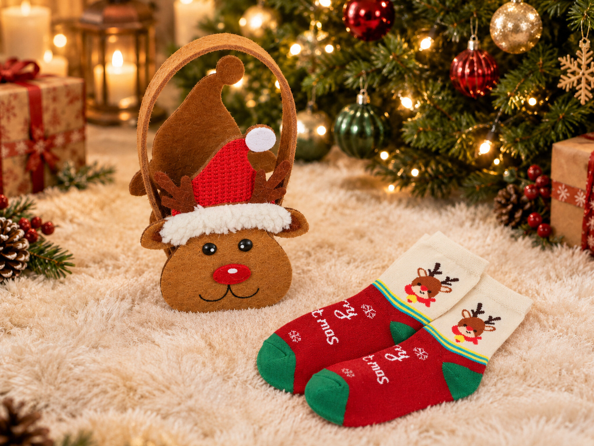 Grossiste Ines Delaure - NOEL : Ens Petit Renne taille enfant : panier en feutrine + paire de chaussettes enfants