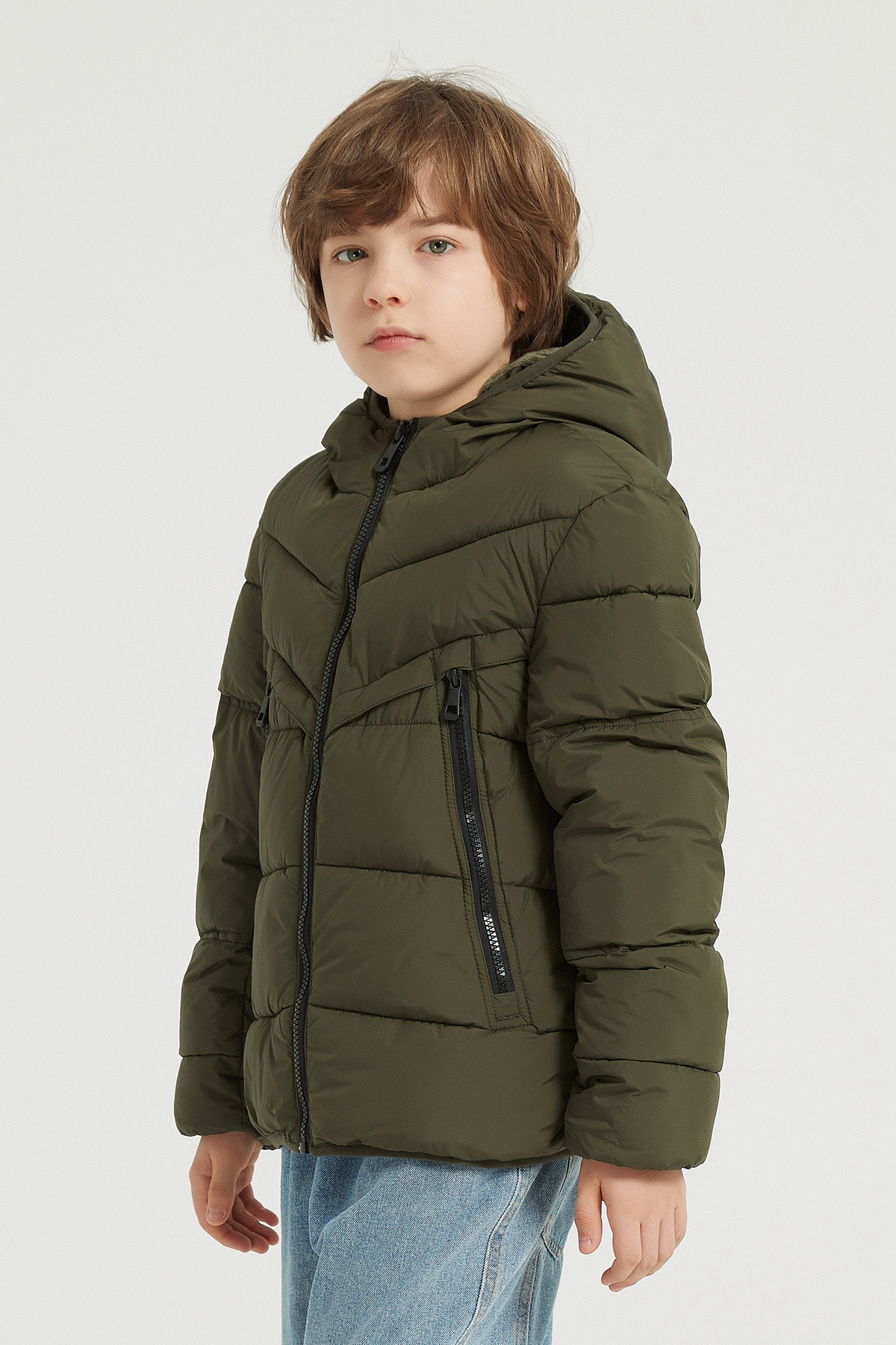 Grossiste KYMAXX - Doudoune enfant bicolore manches longues avec capuche