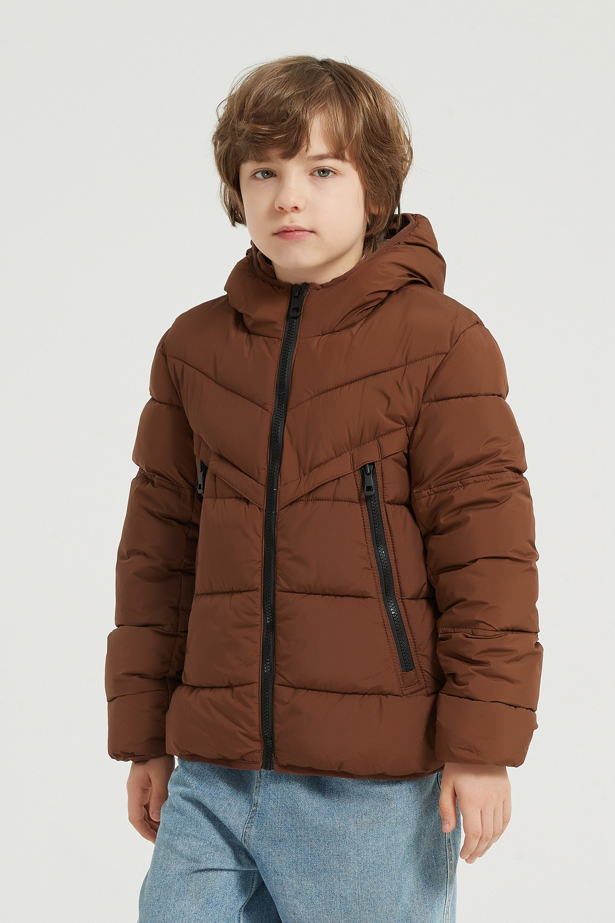Grossiste KYMAXX - Doudoune enfant bicolore manches longues avec capuche