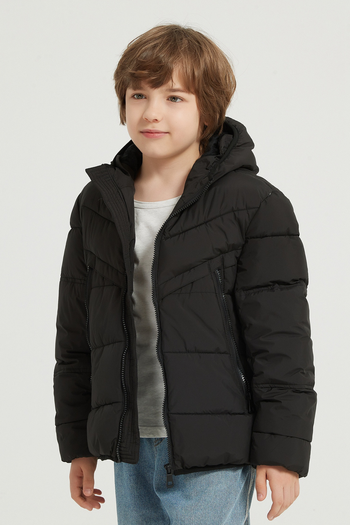 Grossiste KYMAXX - Doudoune enfant bicolore manches longues avec capuche