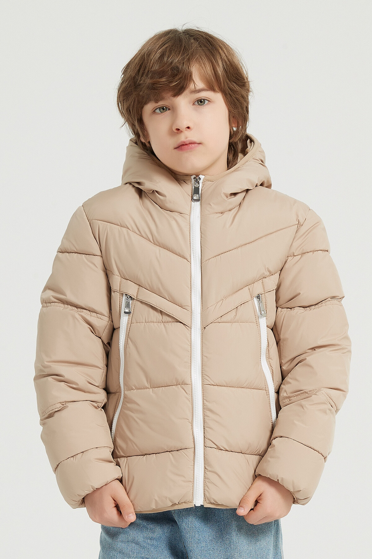Wholesaler KYMAXX - Children's two-tone long-sleeved down jacket with hood