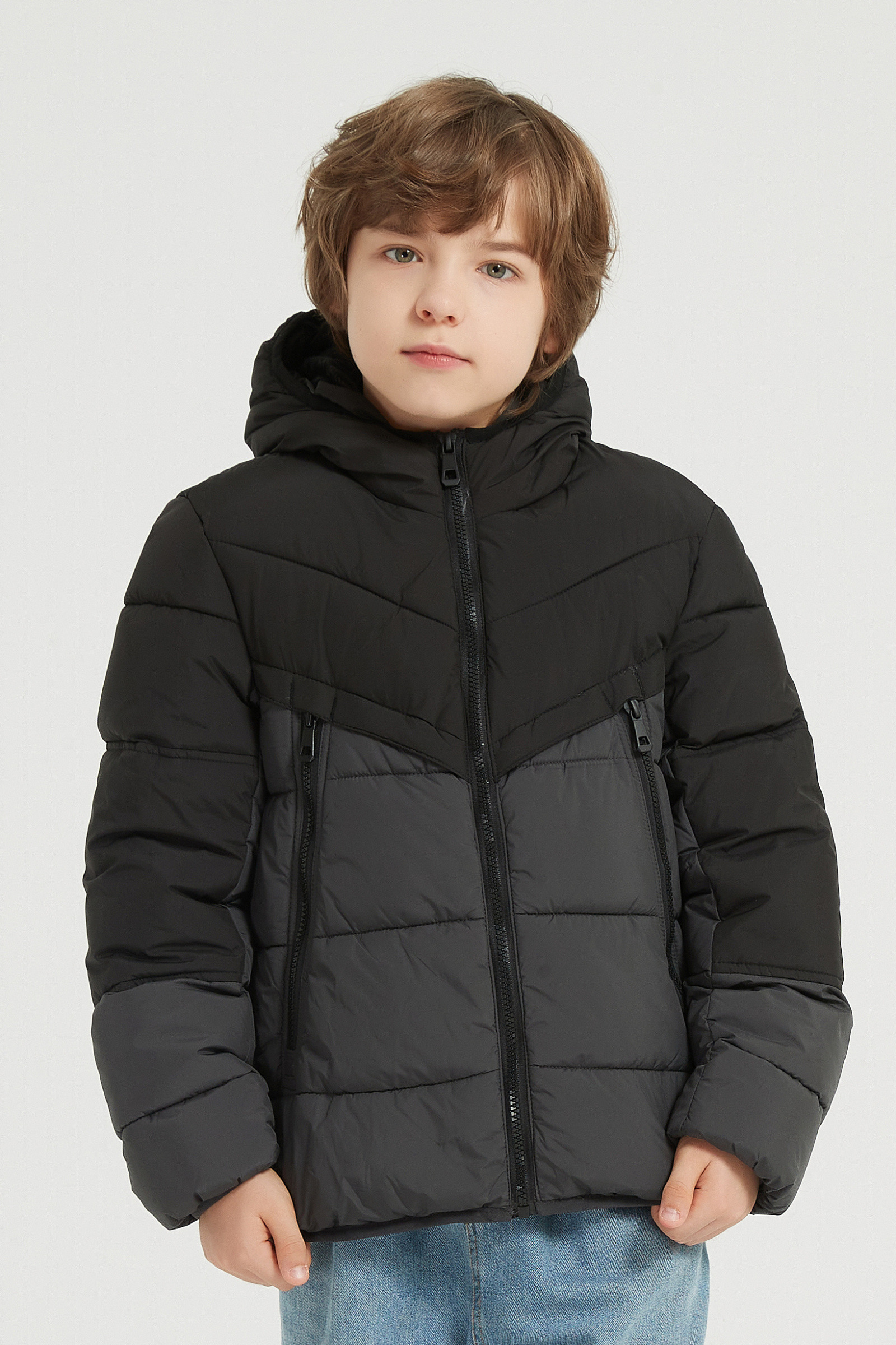 Grossiste KYMAXX - Doudoune enfant bicolore manches longues avec capuche