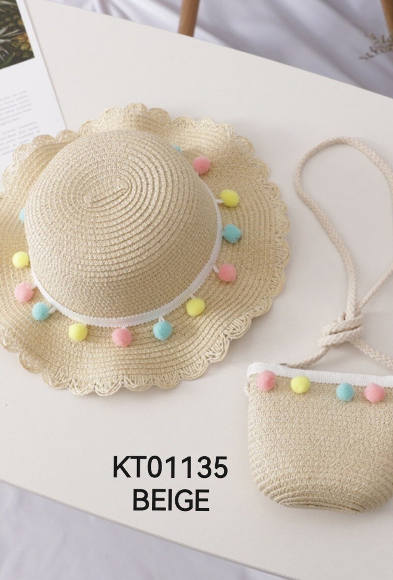 Mayorista M&P Accessoires - Conjunto niña sombrero paja y bolso con pompones y puntilla