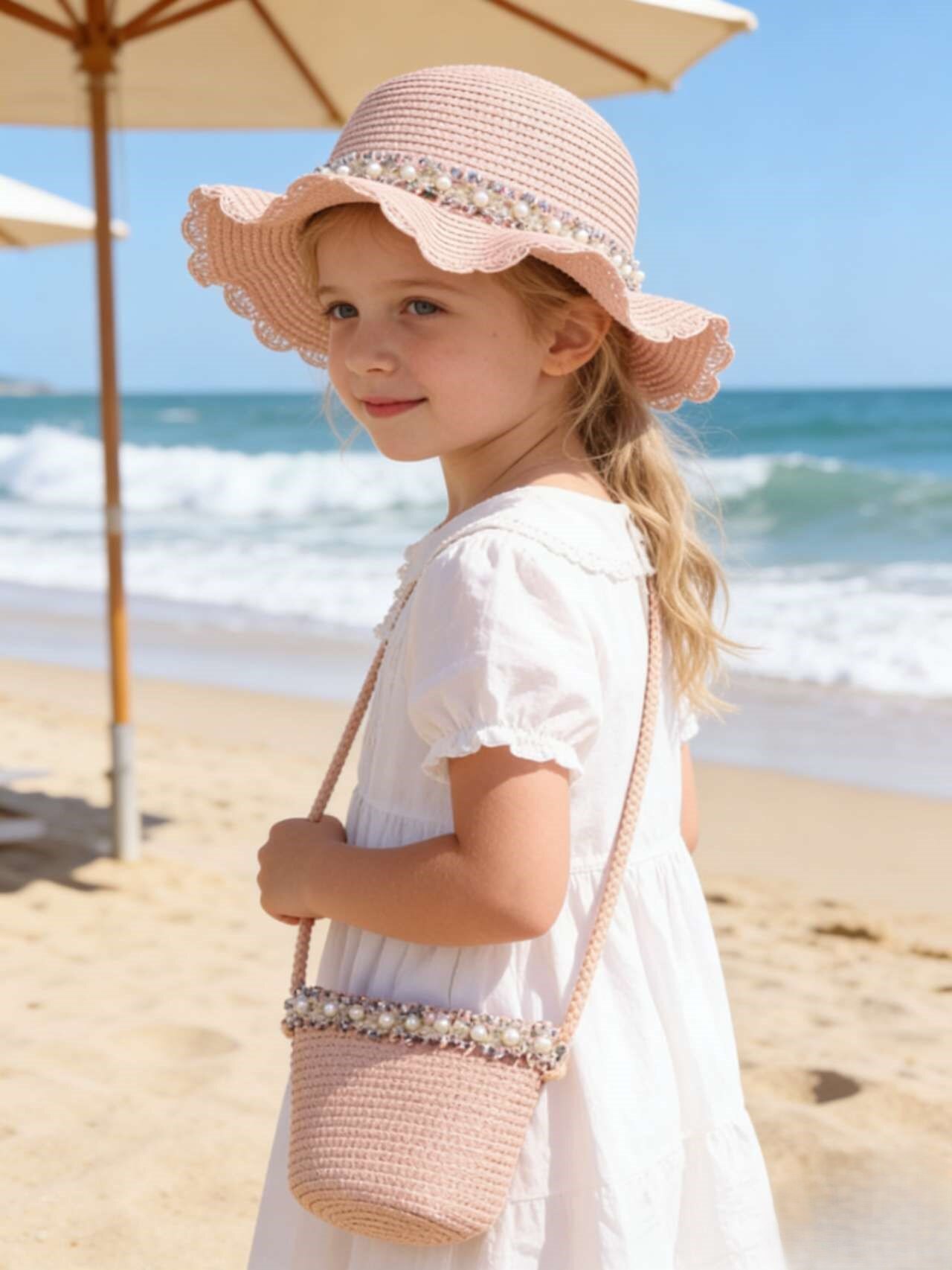 Mayorista M&P Accessoires - Conjunto niña sombrero paja y bolso perlas