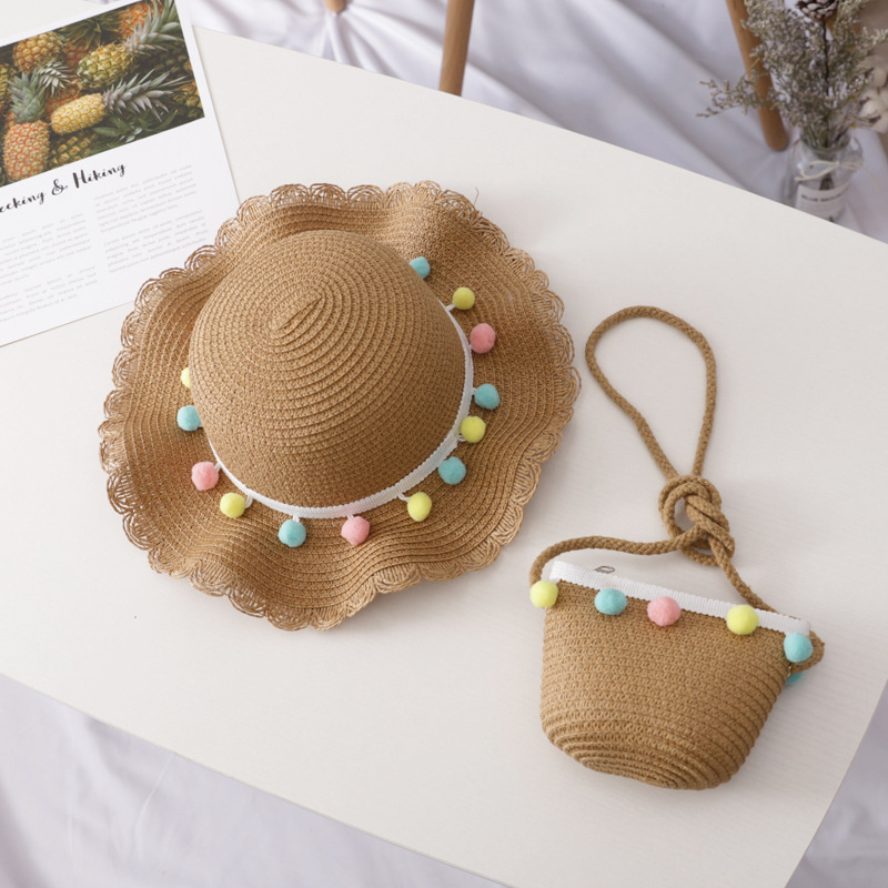 Mayorista M&P Accessoires - Conjunto niña sombrero paja y bolso con pompones y puntilla