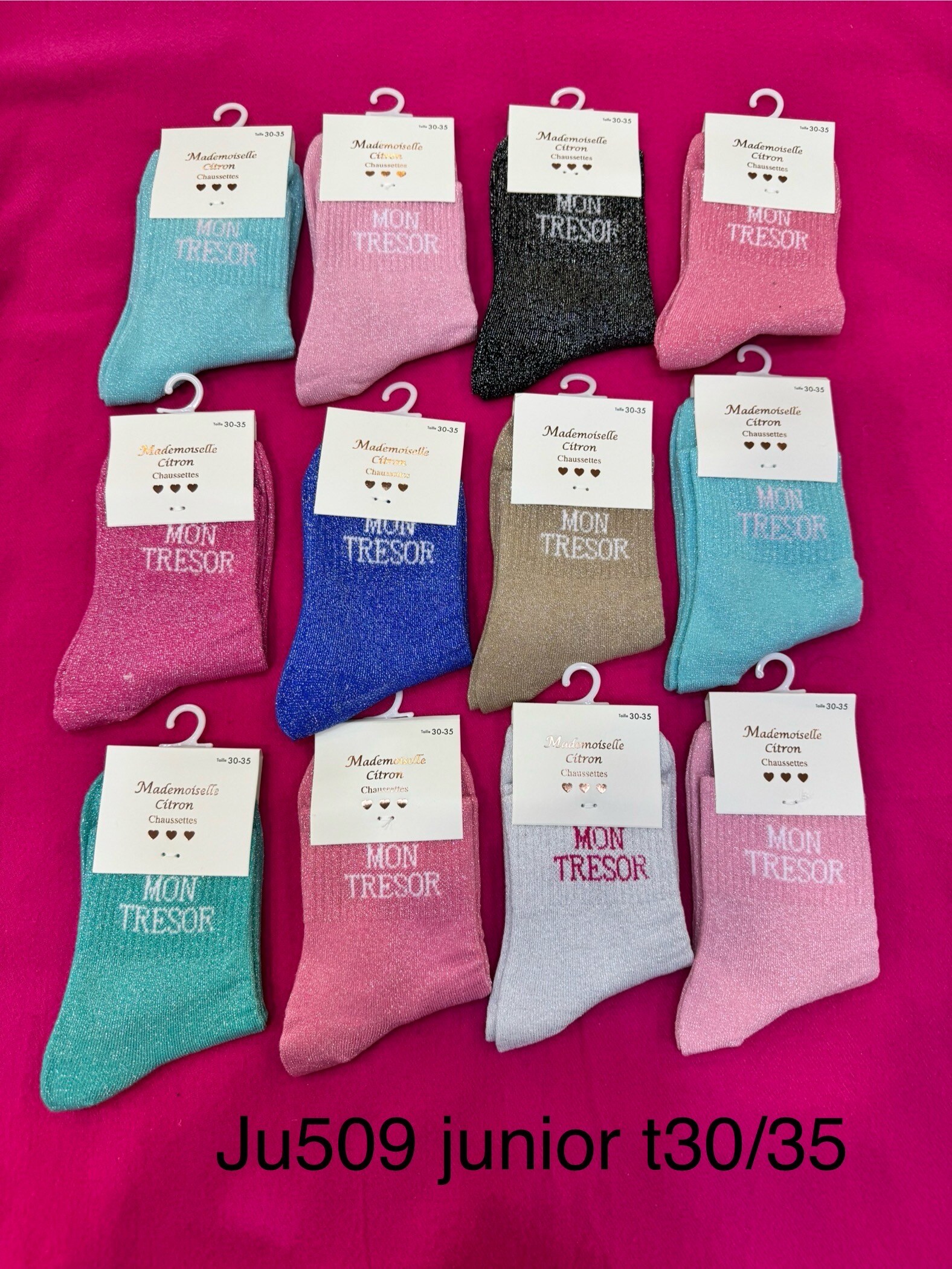 Grossiste MADEMOISELLE CITRON - Chaussettes enfant pailletée à message t30/35