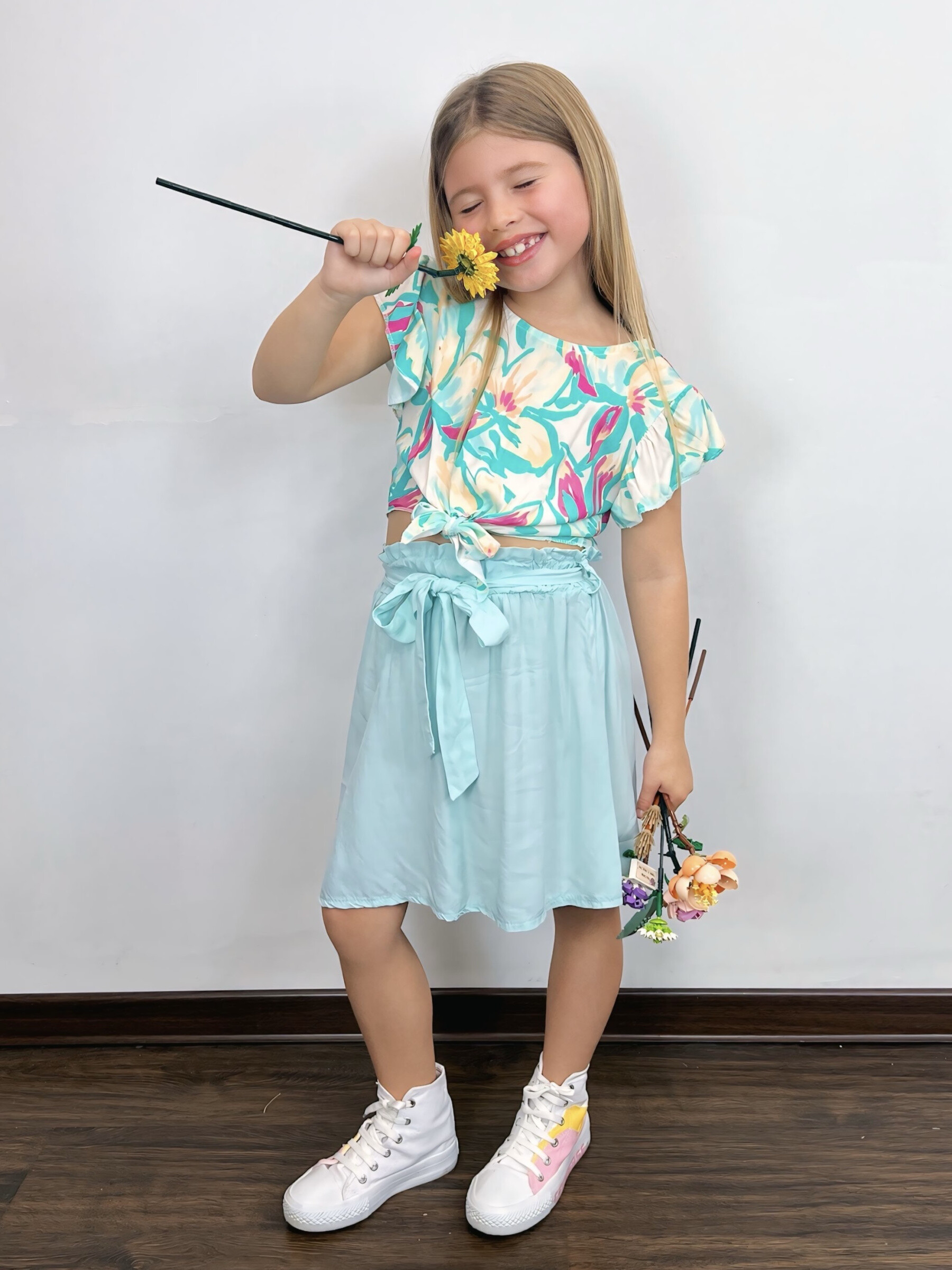 Mayorista Mini Mignon Paris - Conjunto top floral y falda cinturón para niña
