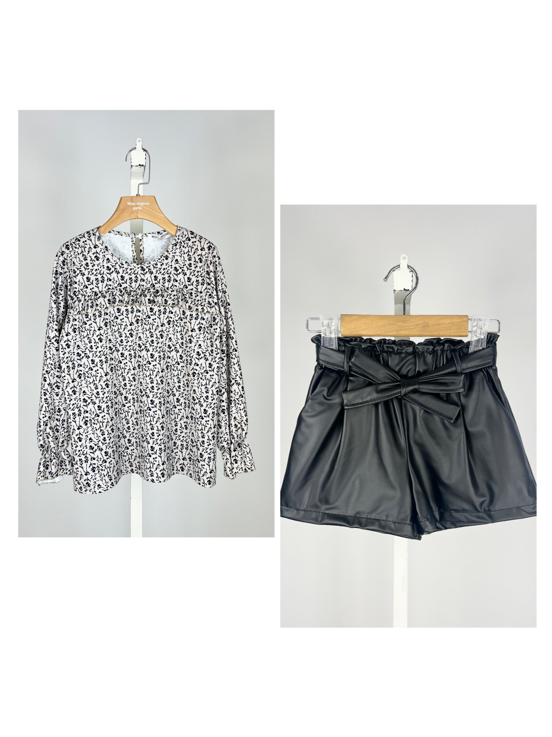 Wholesaler Mini Mignon Paris - Floral top and faux leather shorts set for girls