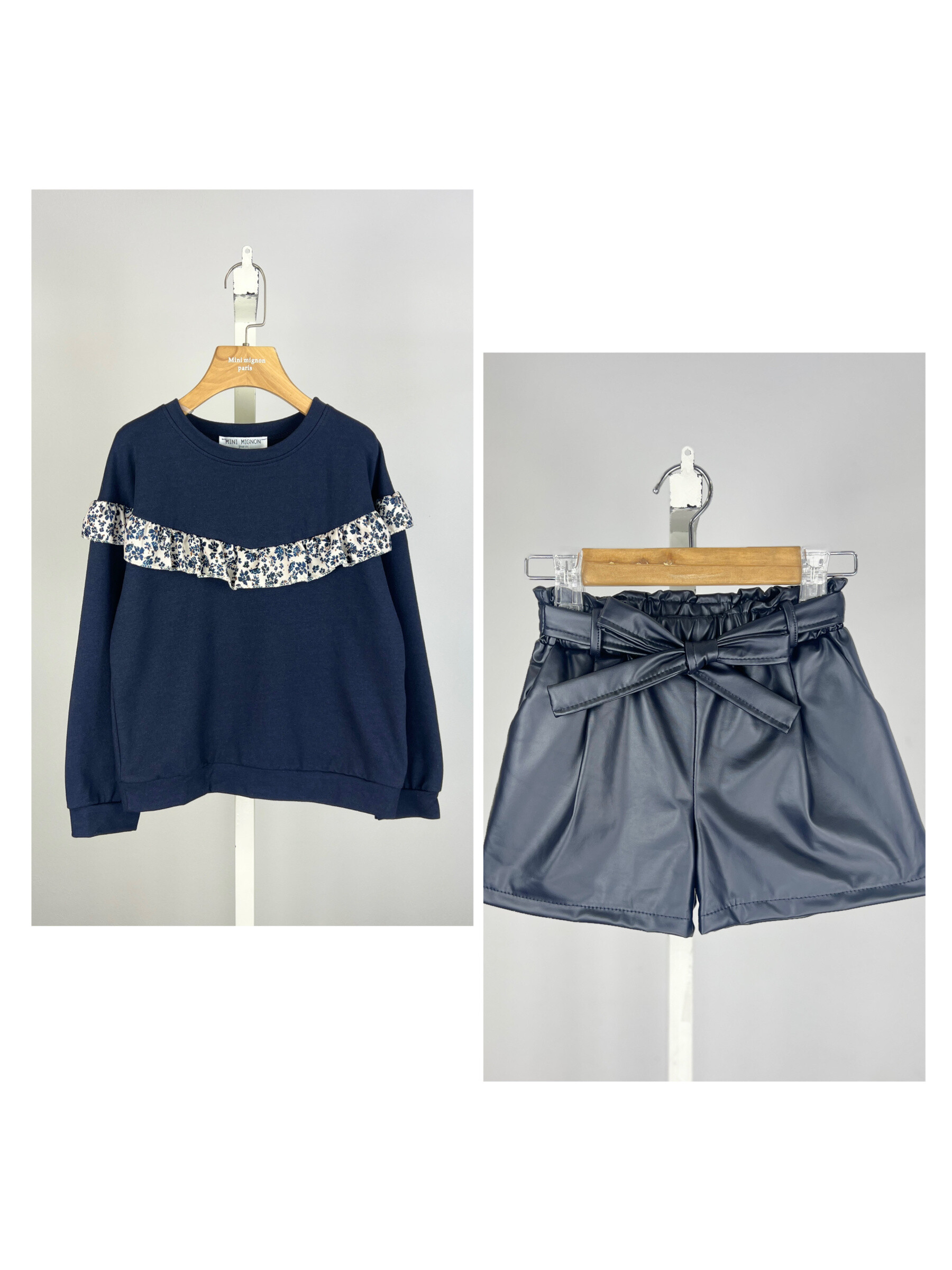 Wholesaler Mini Mignon Paris - Cotton sweatshirt and faux leather shorts set for girls