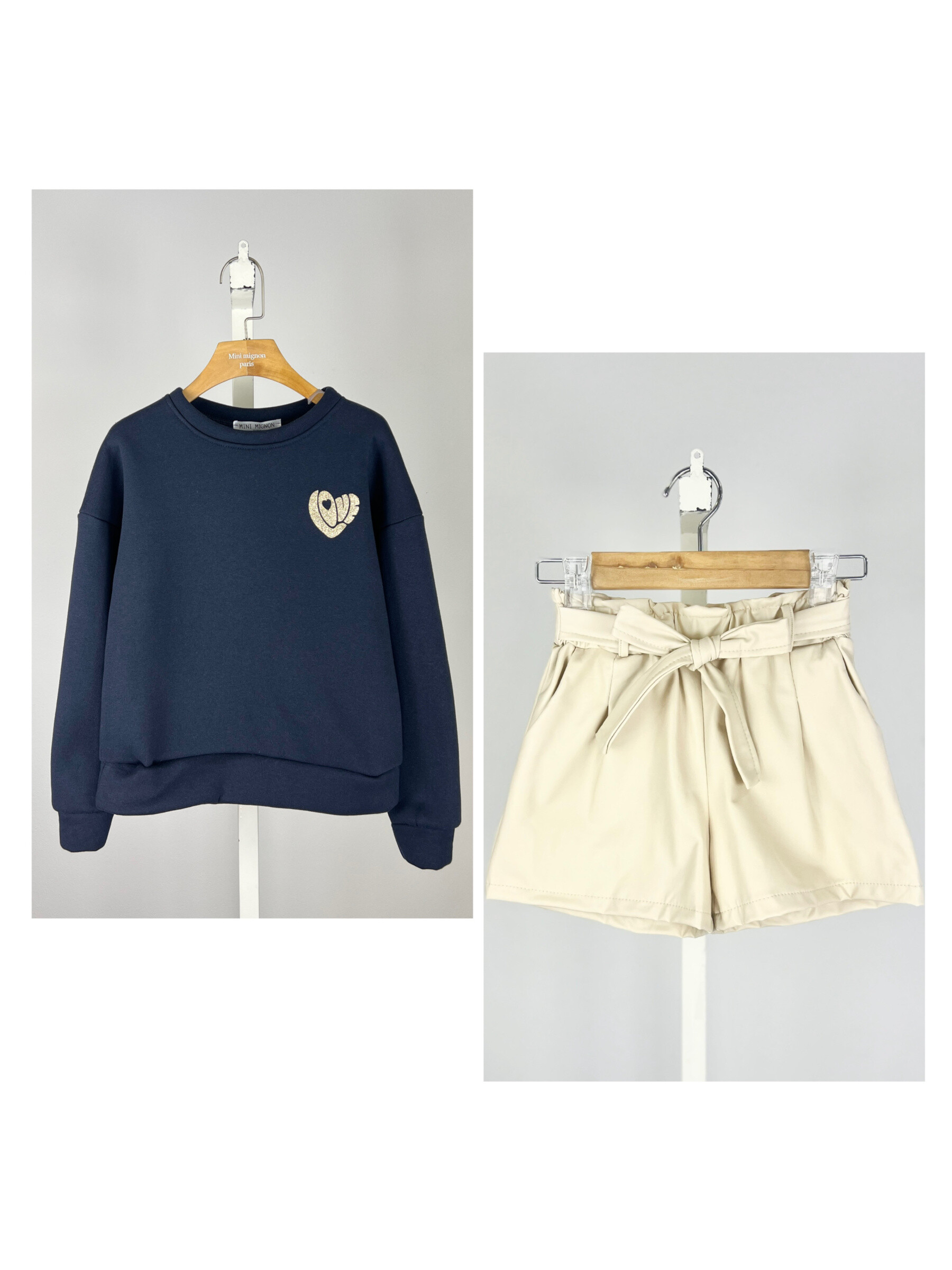 Wholesaler Mini Mignon Paris - Thick sequined sweatshirt and faux leather shorts set for girls