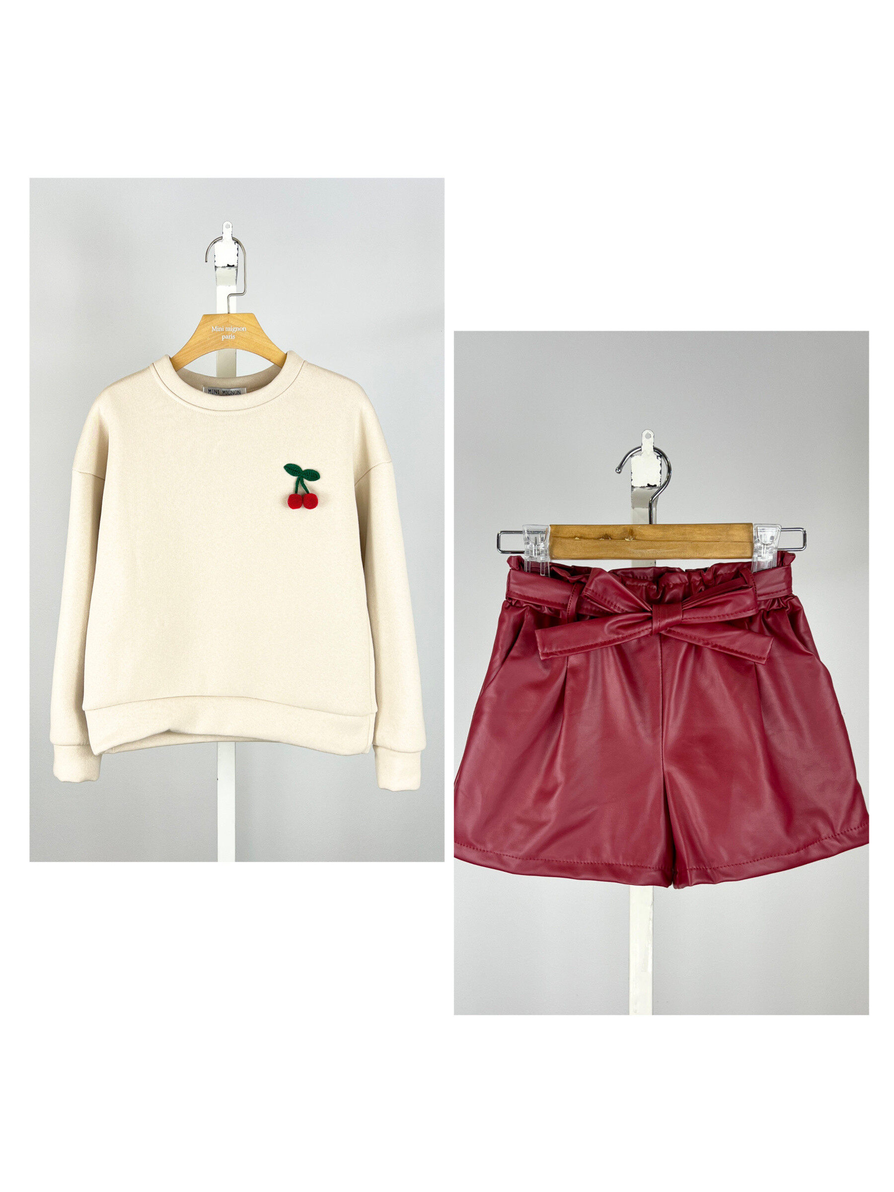 Wholesaler Mini Mignon Paris - Thick sweatshirt and faux leather shorts set for girls