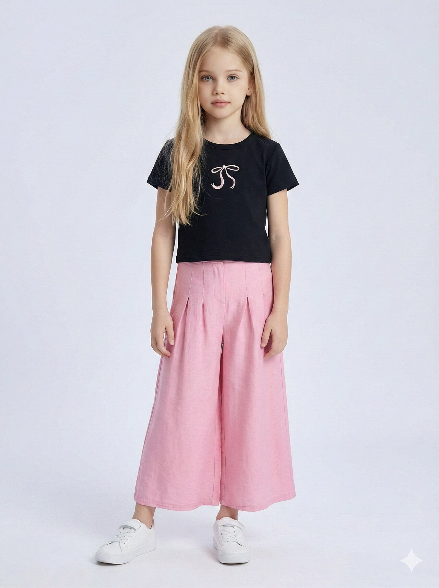 Grossiste Mini Mignon Paris - Ensemble t-shirt coton brodé et pantalon large pour fille