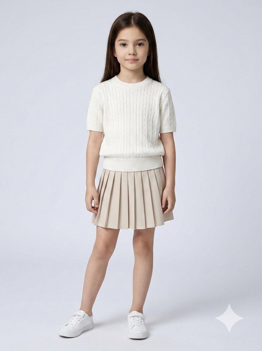 Grossiste Mini Mignon Paris - Ensemble pull doux à manches courtes et jupe plissée pour fille