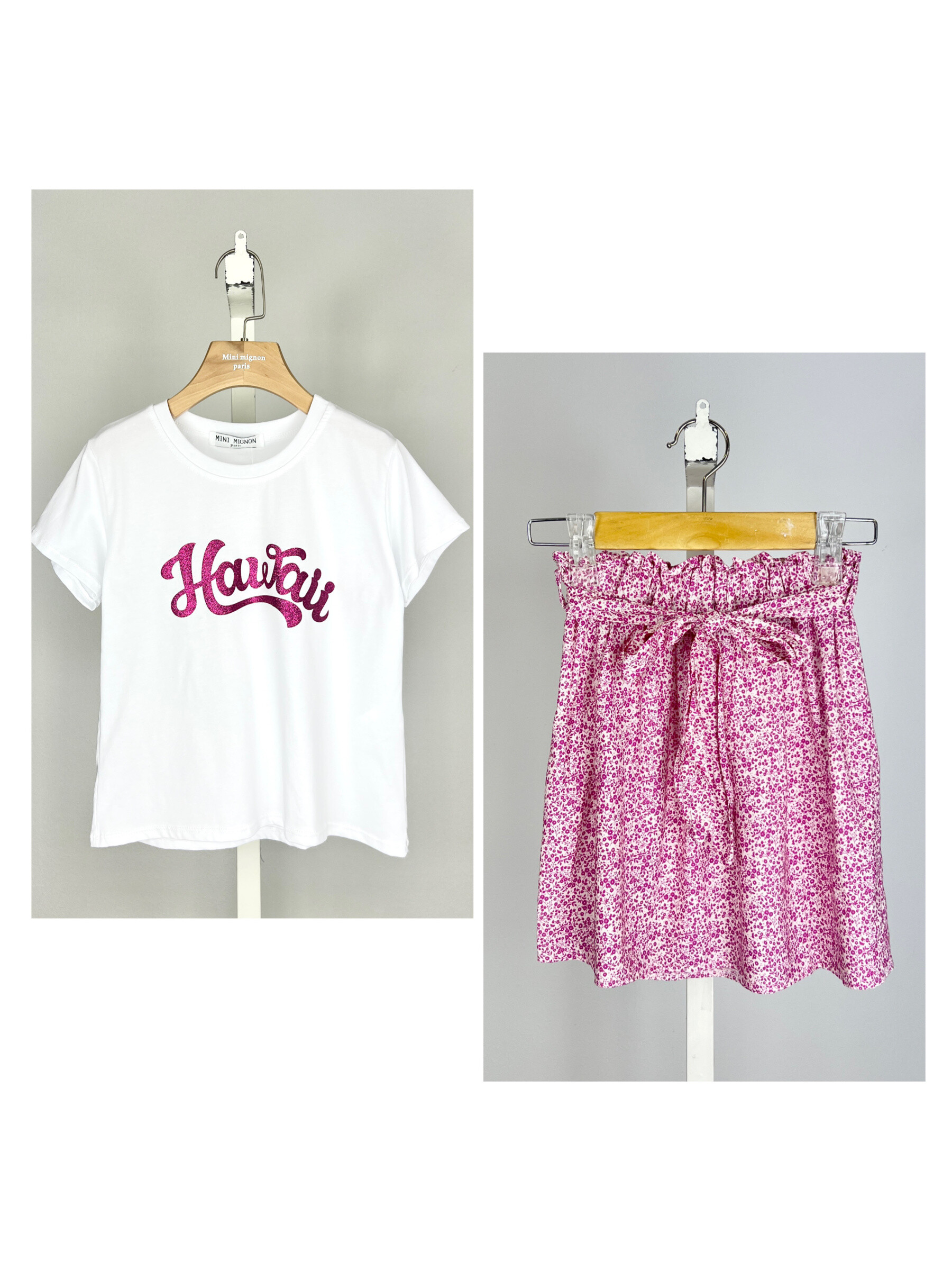 Grossiste Mini Mignon Paris - Ensemble t-shirt en coton et jupe fleurie pour fille