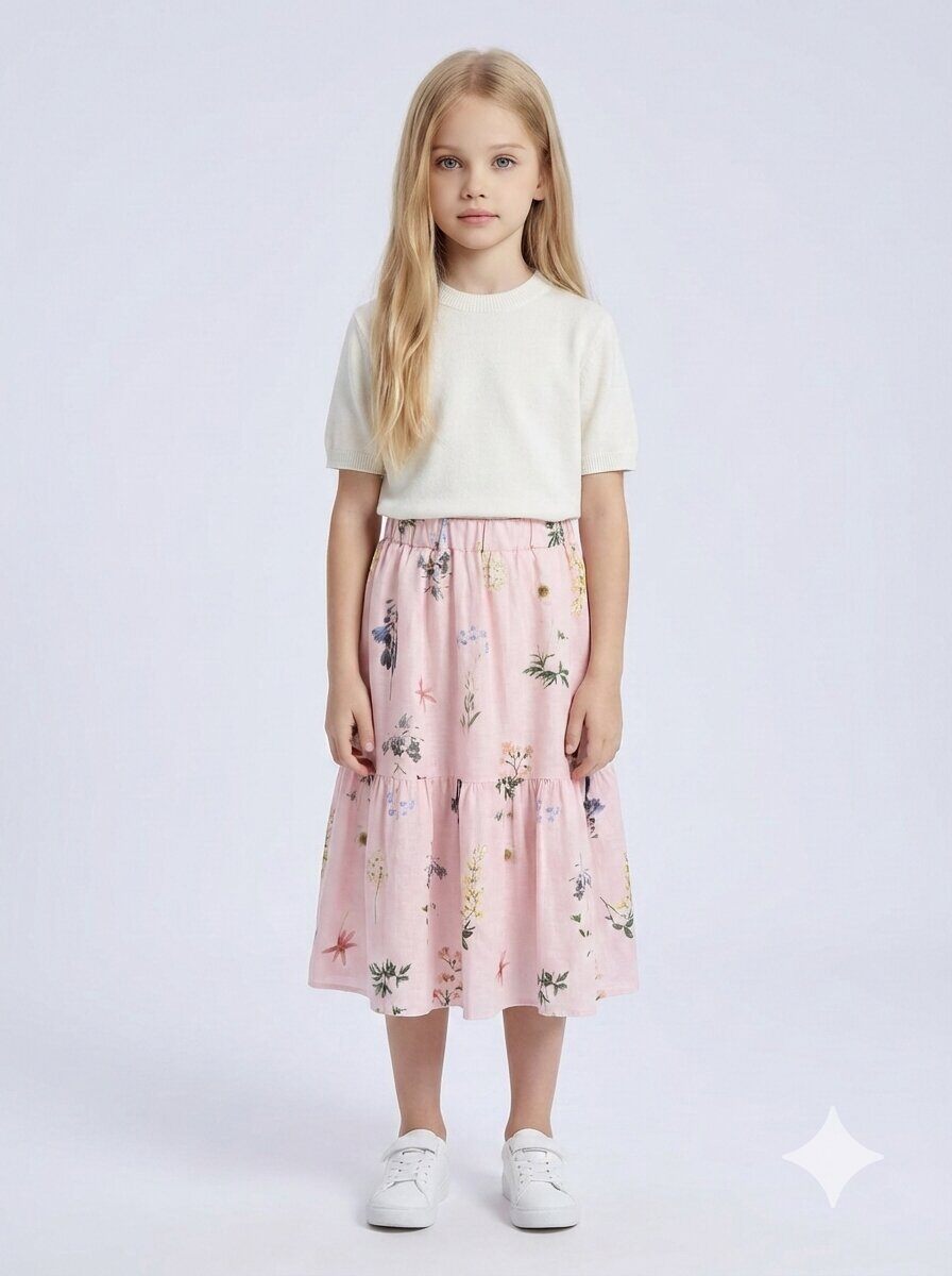 Grossiste Mini Mignon Paris - Ensemble pull doux à manches courtes et jupe fleurie pour fille