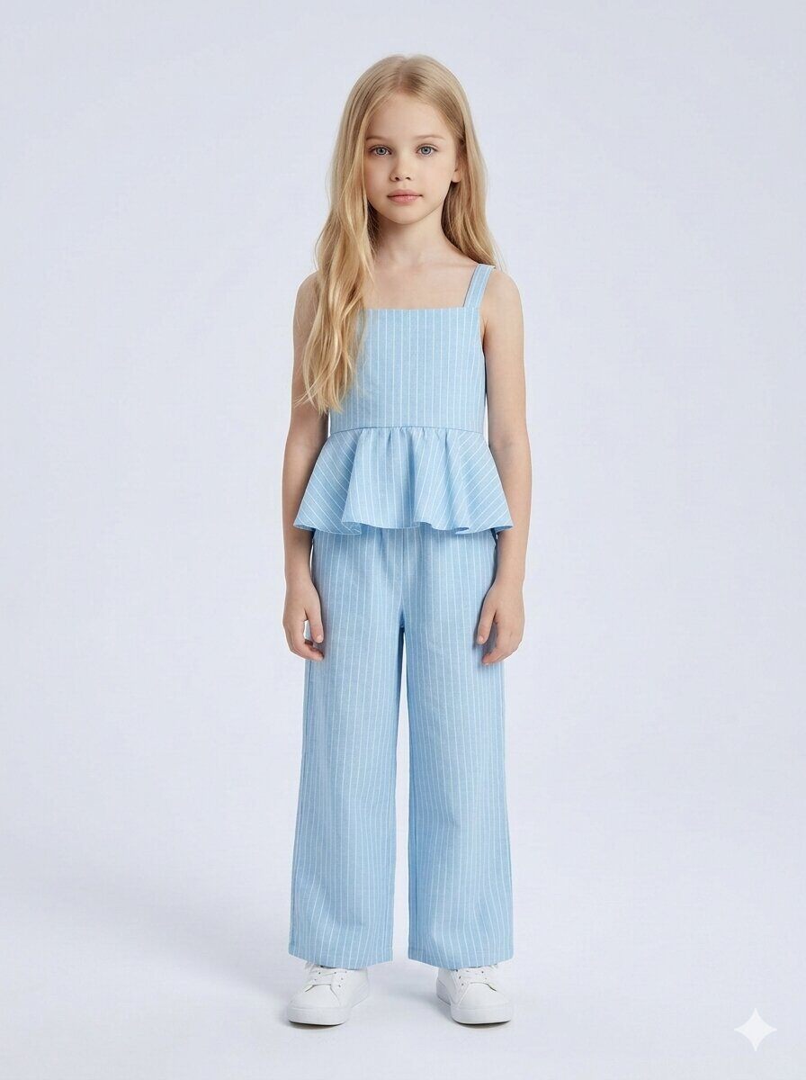 Grossista Mini Mignon Paris - Completo a righe in cotone con top a spalline e pantaloni larghi per bambina