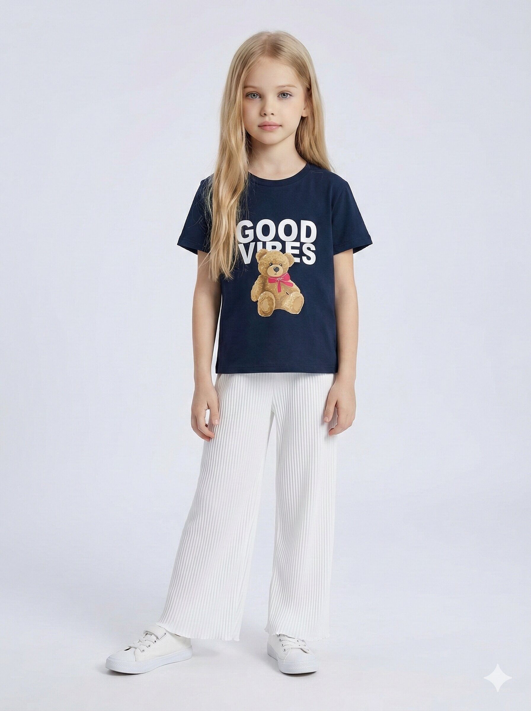 Mayorista Mini Mignon Paris - Conjunto de camiseta de algodón estampada y pantalón plisado para niña
