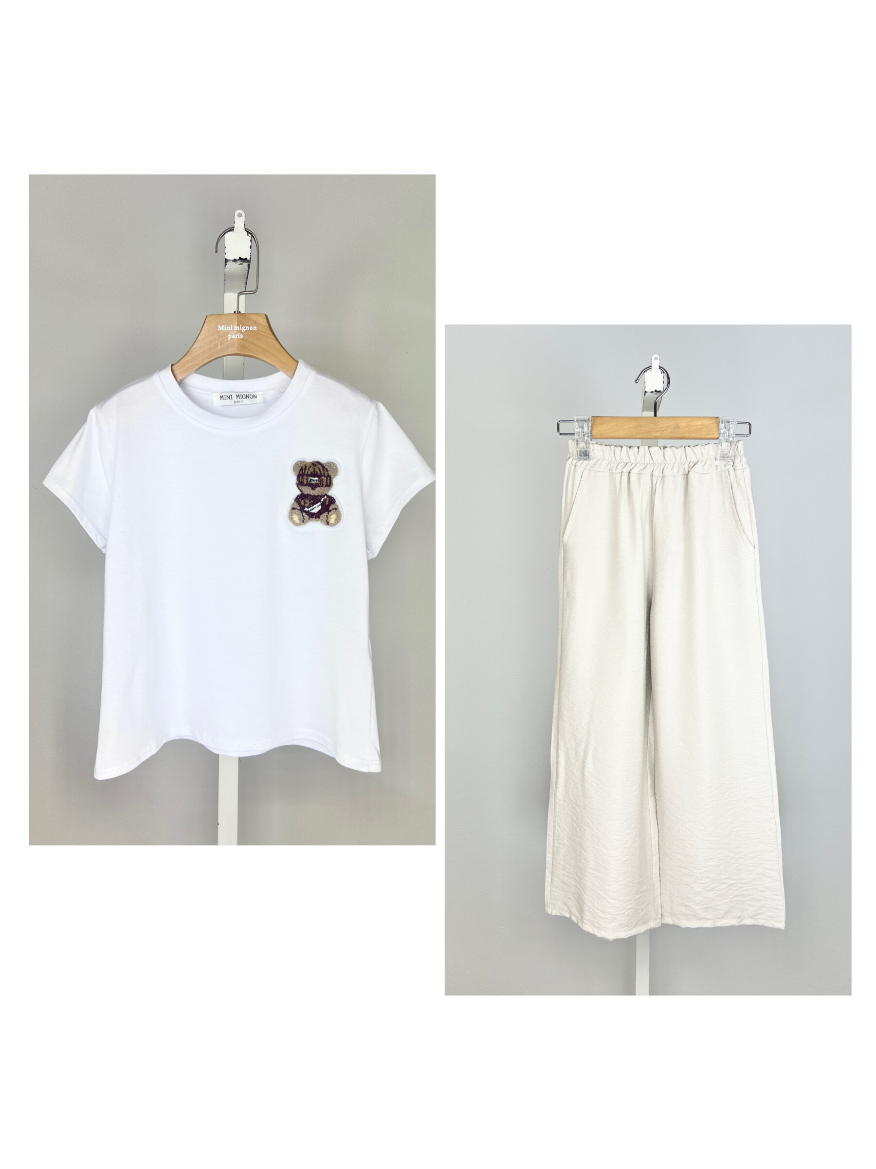Grossiste Mini Mignon Paris - Ensemble t-shirt en coton ourson et pantalon fluide pour fille