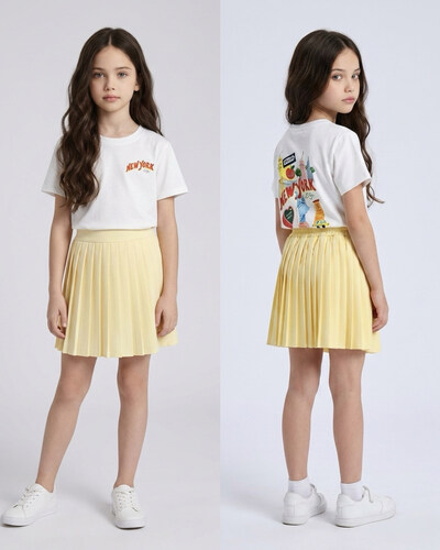 Wholesaler Mini Mignon Paris - Printed cotton t-shirt and pleated skirt set for girls Wholesaler Mini Mignon Paris - Printed cotton t-shirt and pleated skirt set for girls