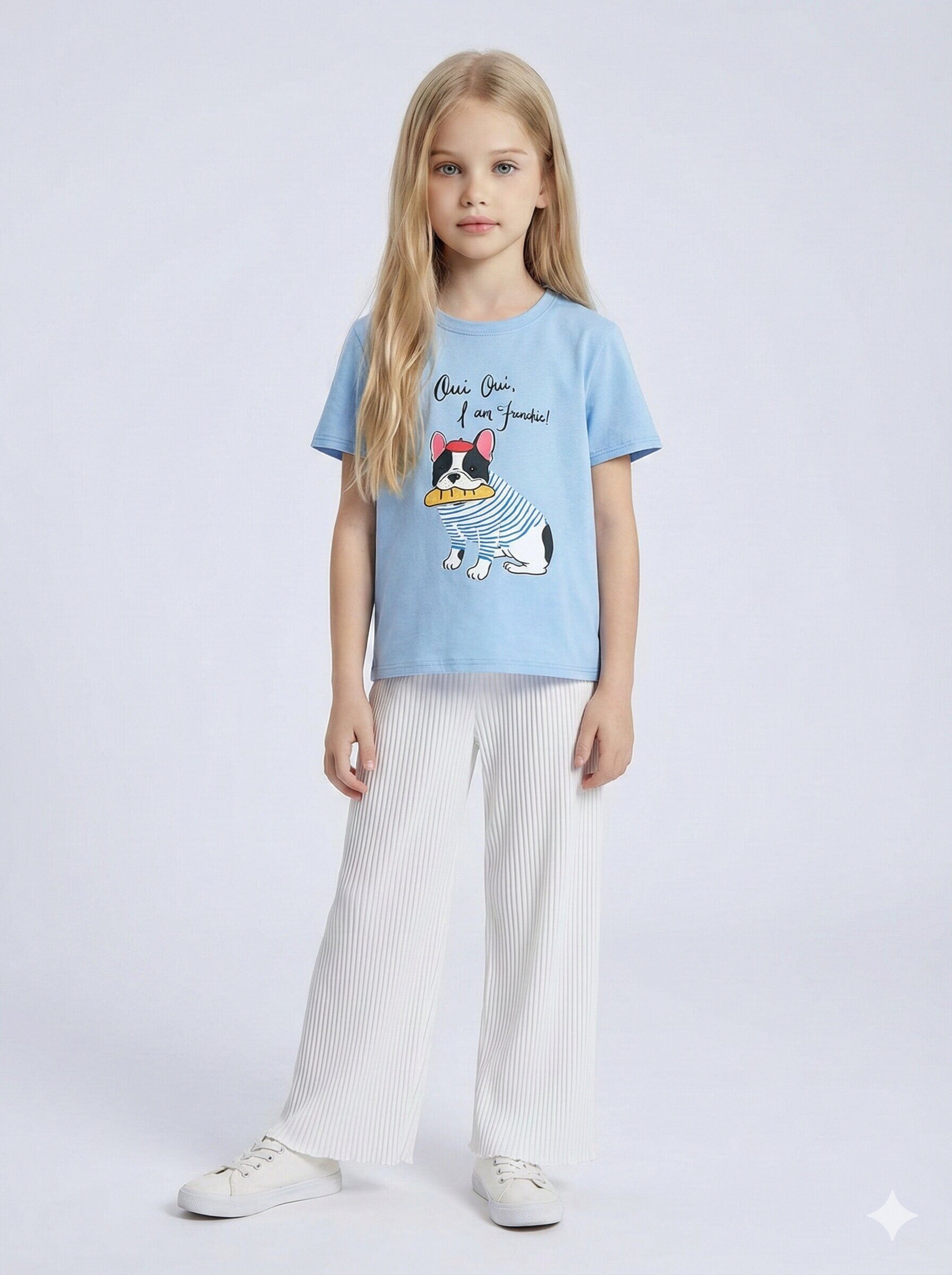 Großhändler Mini Mignon Paris - Mädchen-Set aus bedrucktem Baumwoll-T-Shirt und plissierter Hose