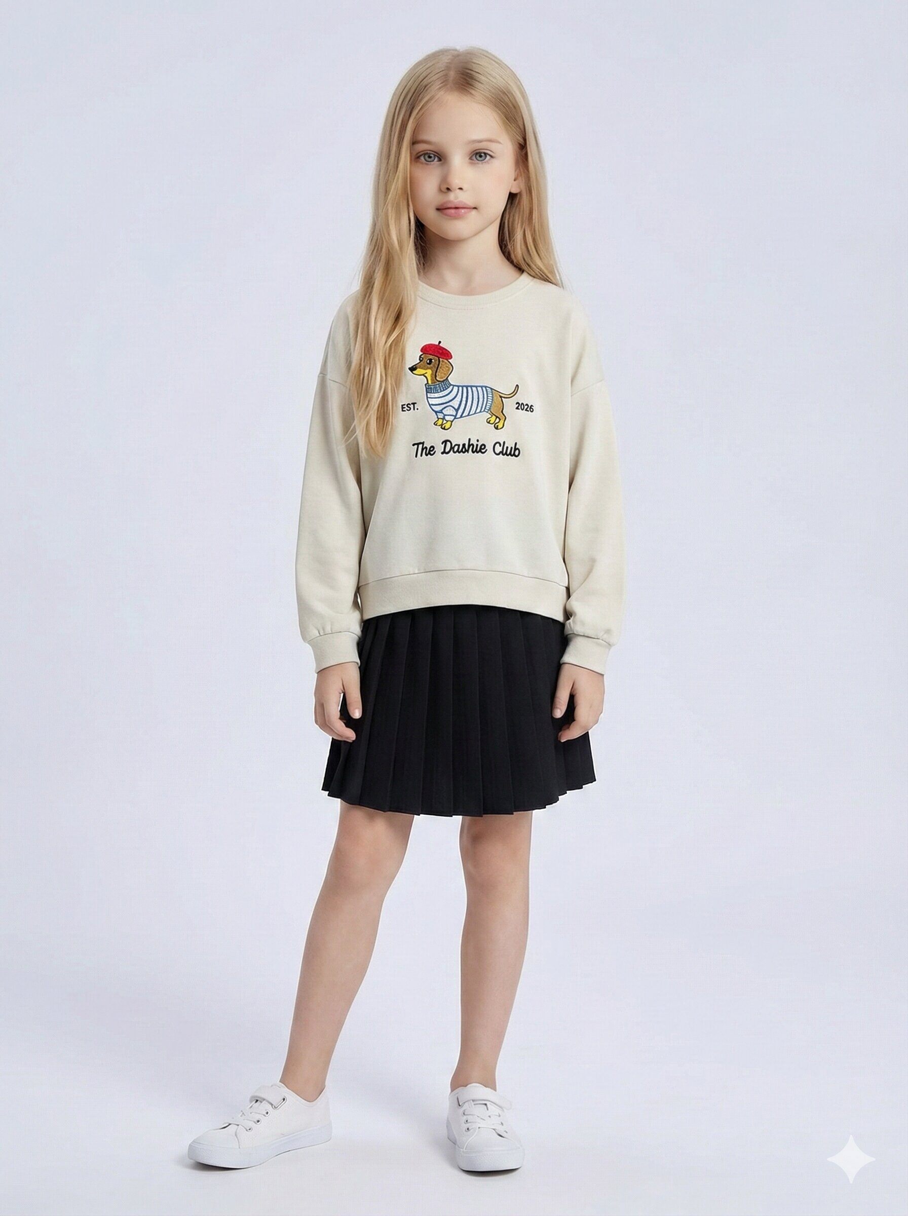 Mayorista Mini Mignon Paris - Conjunto de sudadera bordada de algodón y falda plisada para niña
