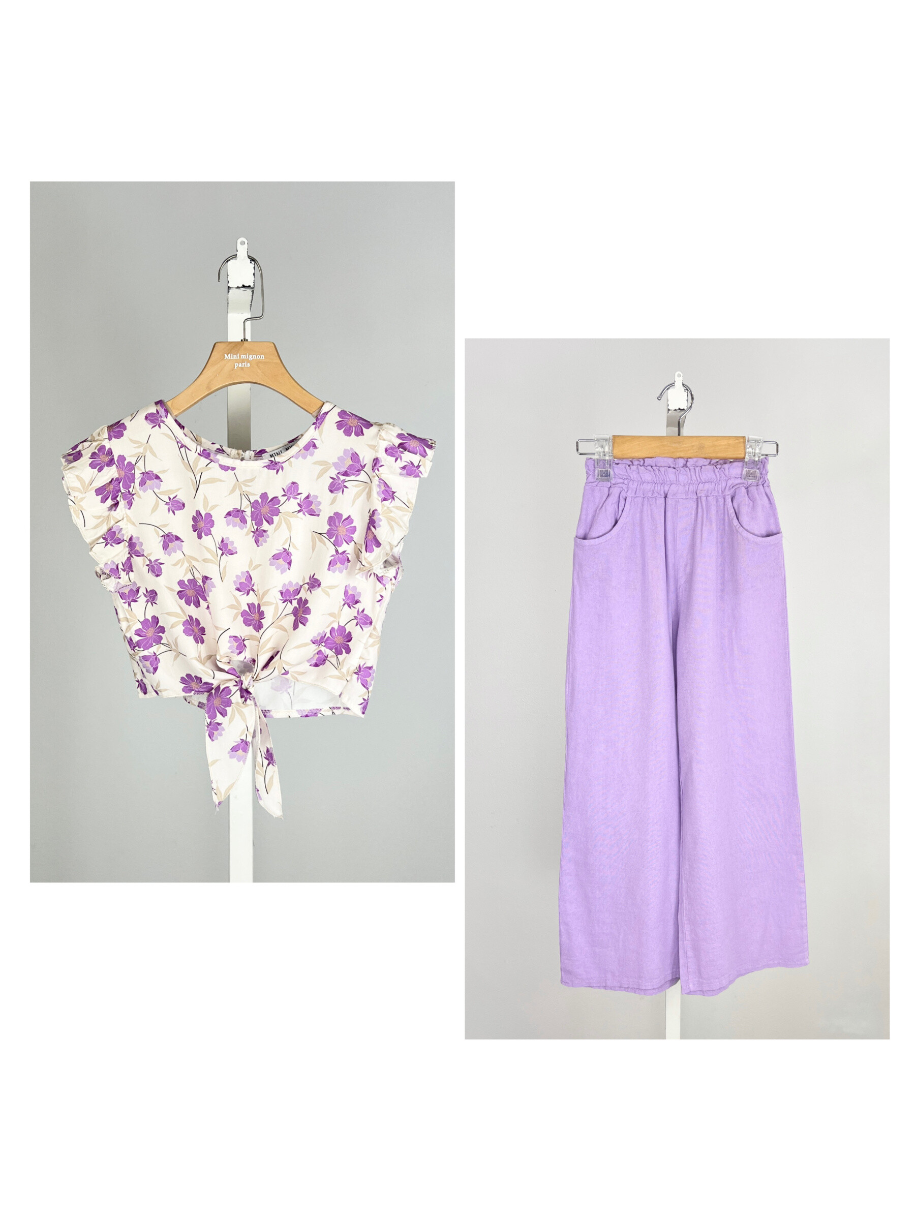 Mayorista Mini Mignon Paris - Set de flores Top y pantalones de lino para niñas