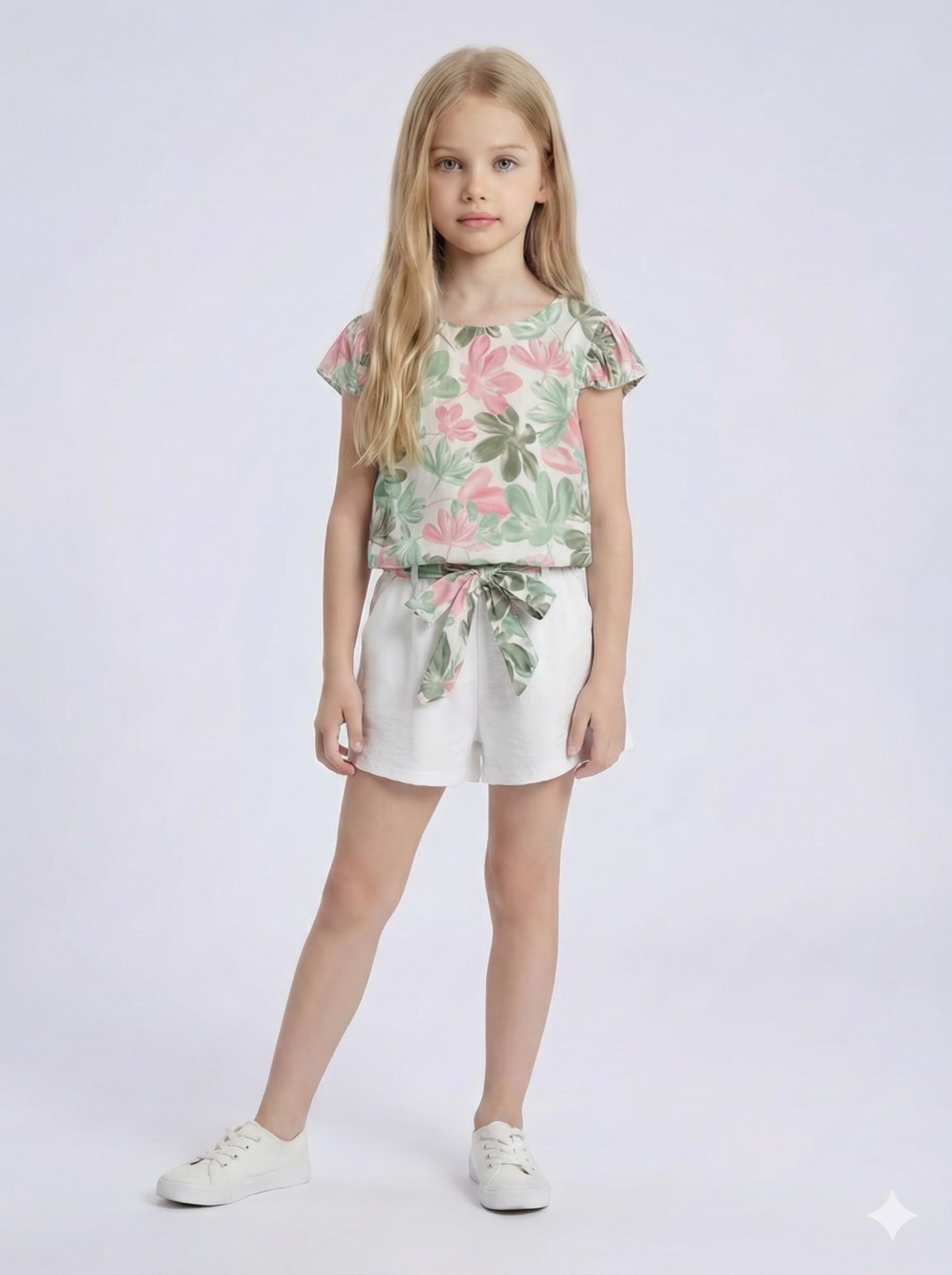 Wholesaler Mini Mignon Paris - Floral top and belted shorts set for girls