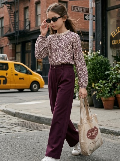 Mayorista Mini Mignon Paris - Conjunto de top floral y pantalón grueso para niña Mayorista Mini Mignon Paris - Conjunto de top floral y pantalón grueso para niña