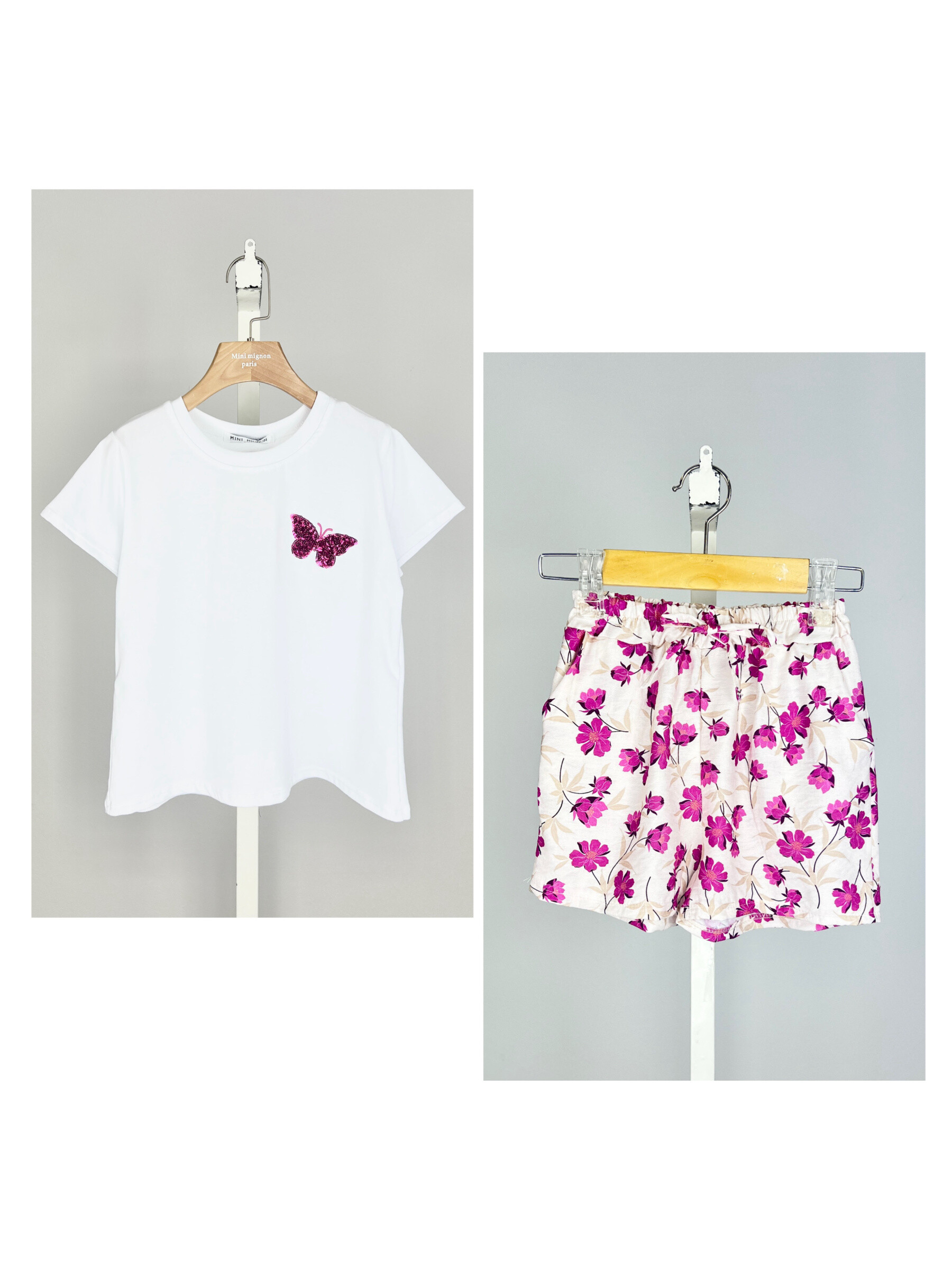 Grossiste Mini Mignon Paris - Ensemble t-shirt à sequin et short fleuri pour fille