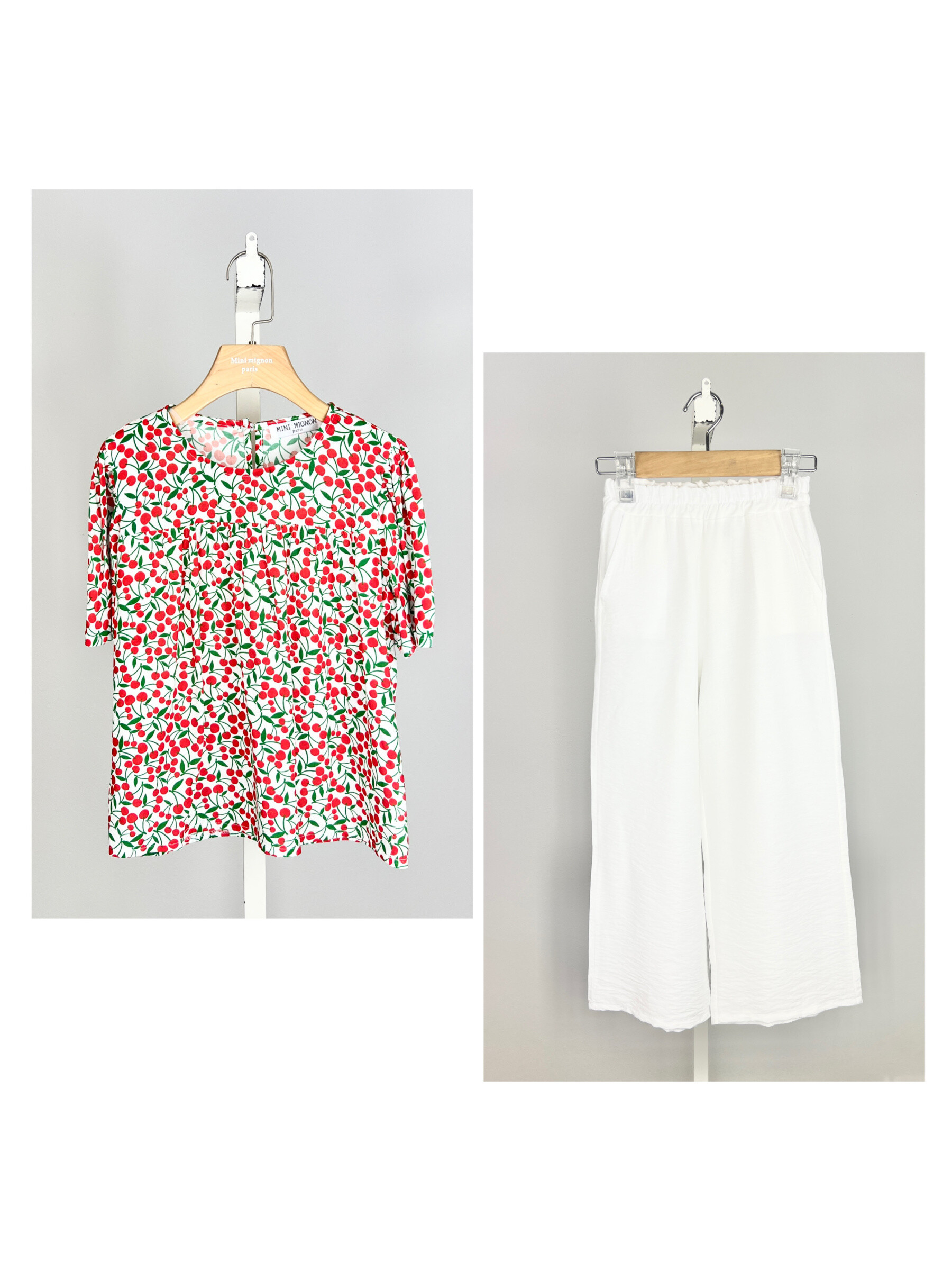 Grossista Mini Mignon Paris - Set top stampato floreale e ciliegia, pantaloni larghi per ragazze