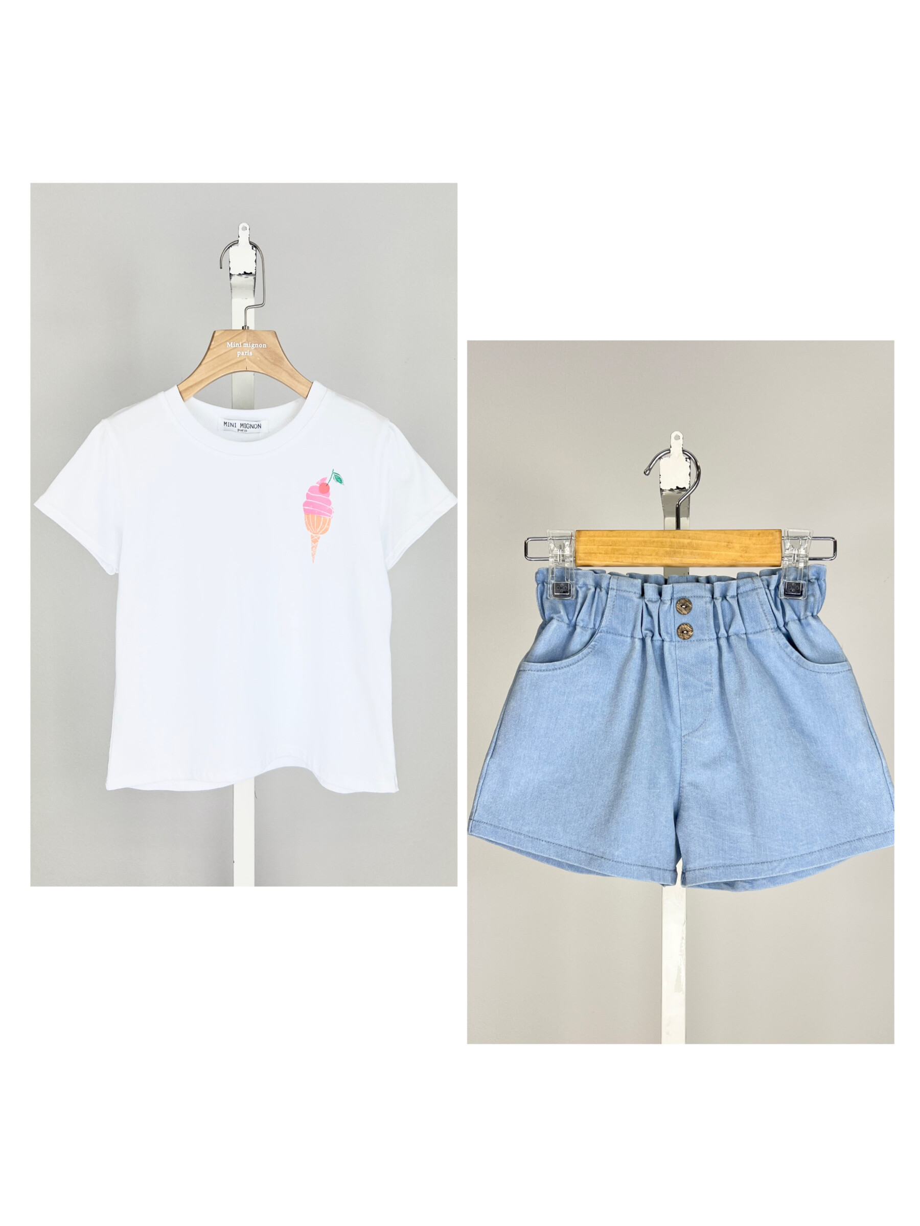Mayorista Mini Mignon Paris - Conjunto de camiseta de algodón y pantalones cortos de mezclilla para niñas