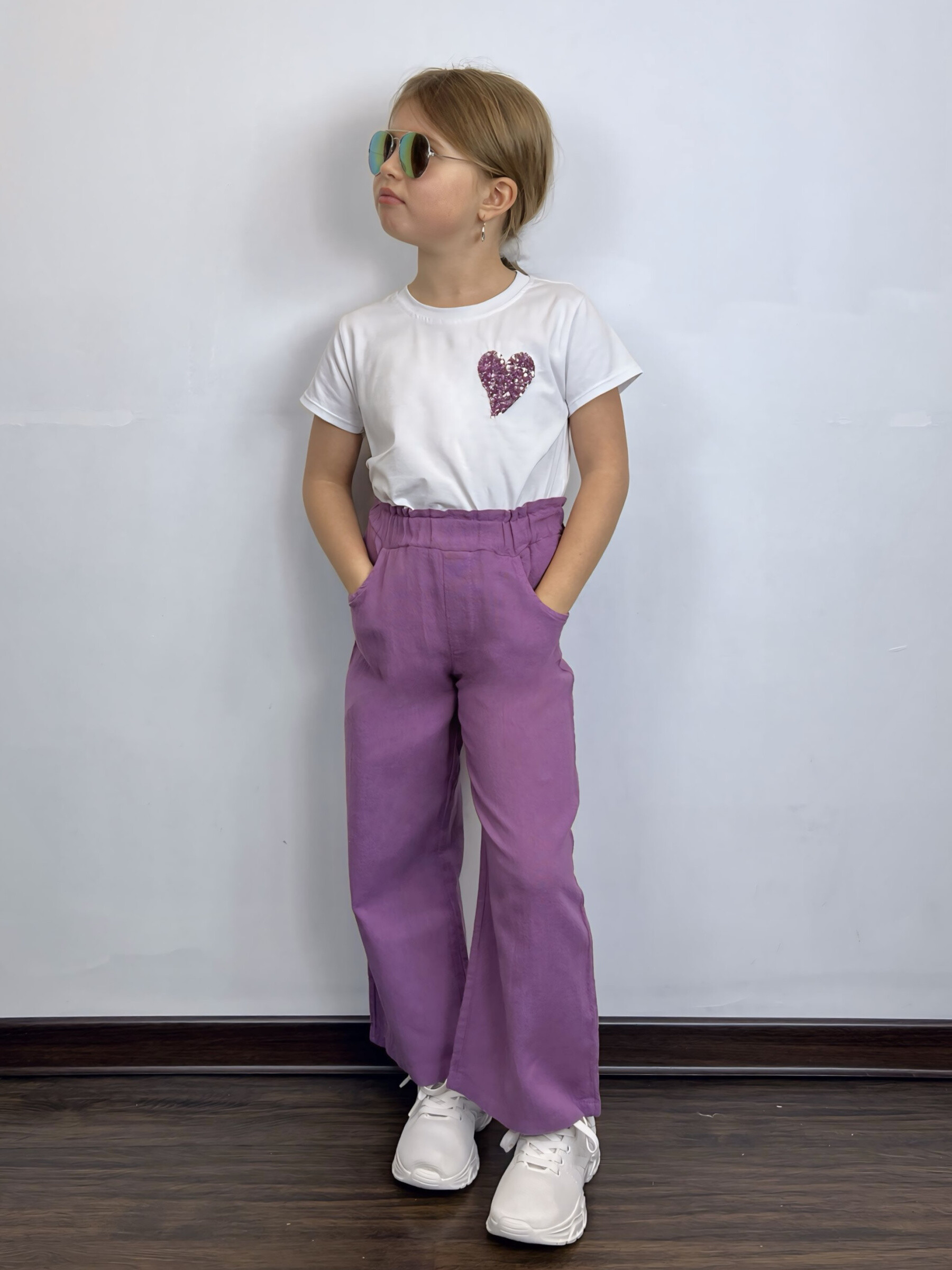 Grossista Mini Mignon Paris - T-shirt in cotone di paillettes e pantaloni di cotone da ragazza di lino