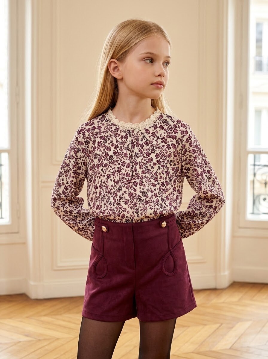 Grossiste Mini Mignon Paris - Ensemble top fleuri et short en suédine pour fille