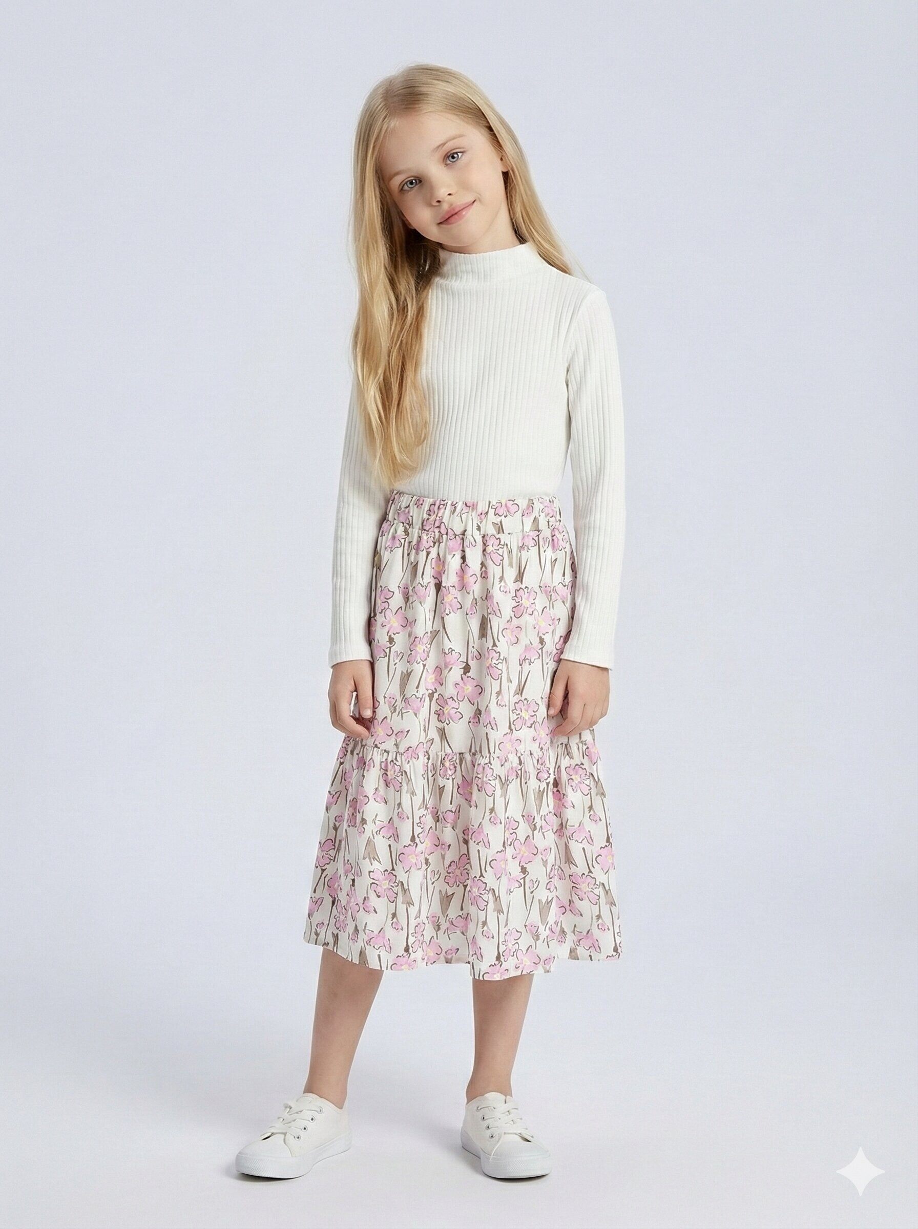 Großhändler Mini Mignon Paris - Mädchen-Set aus geripptem leichten Pullover und geblümtem Rock