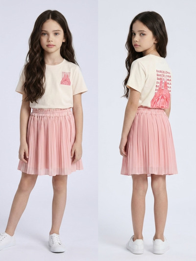 Wholesaler Mini Mignon Paris - Printed cotton t-shirt and pleated skirt set for girls Wholesaler Mini Mignon Paris - Printed cotton t-shirt and pleated skirt set for girls