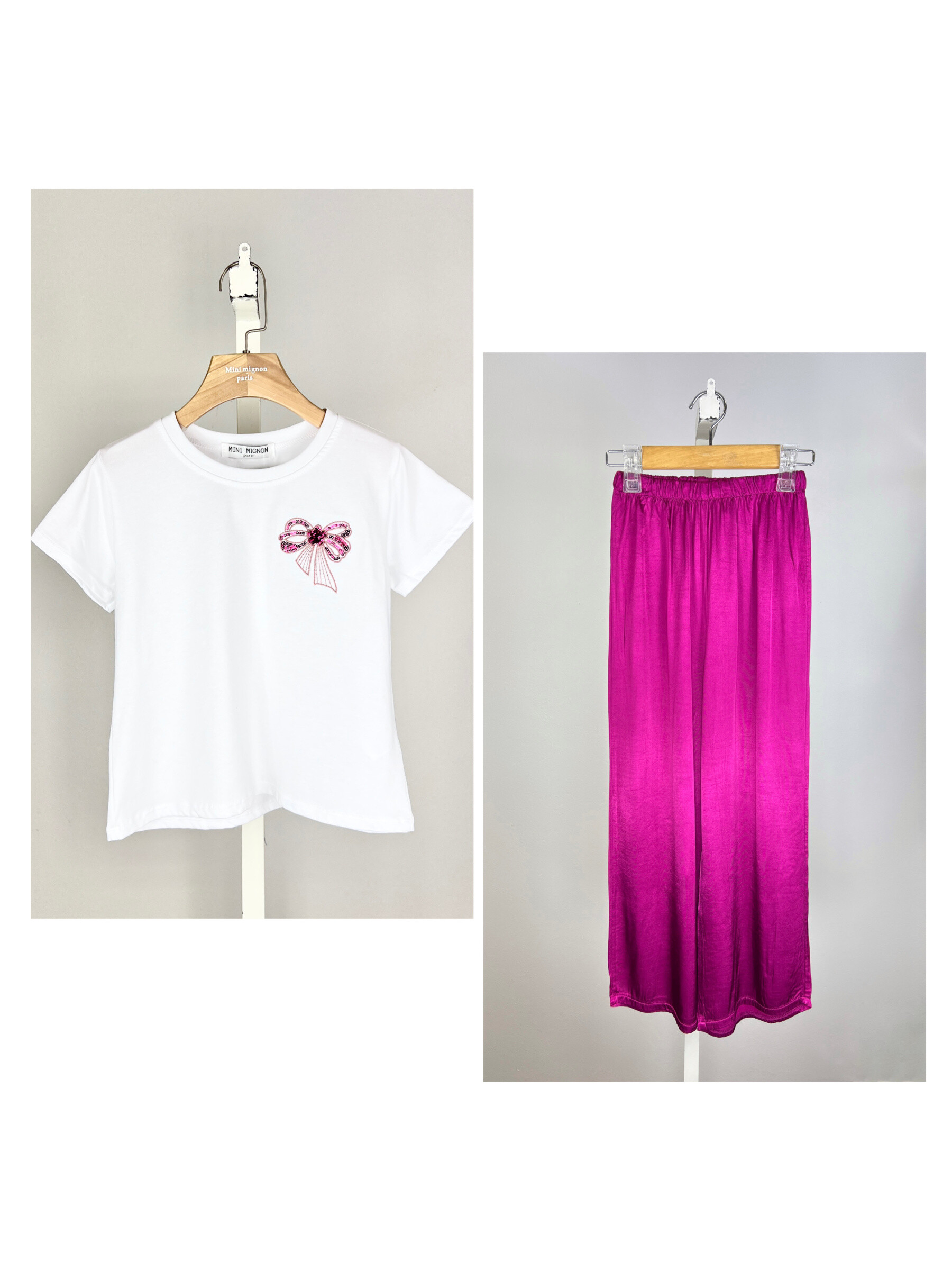 Grossiste Mini Mignon Paris - Ensemble t-shirt à sequin et pantalon touché soie pour fille