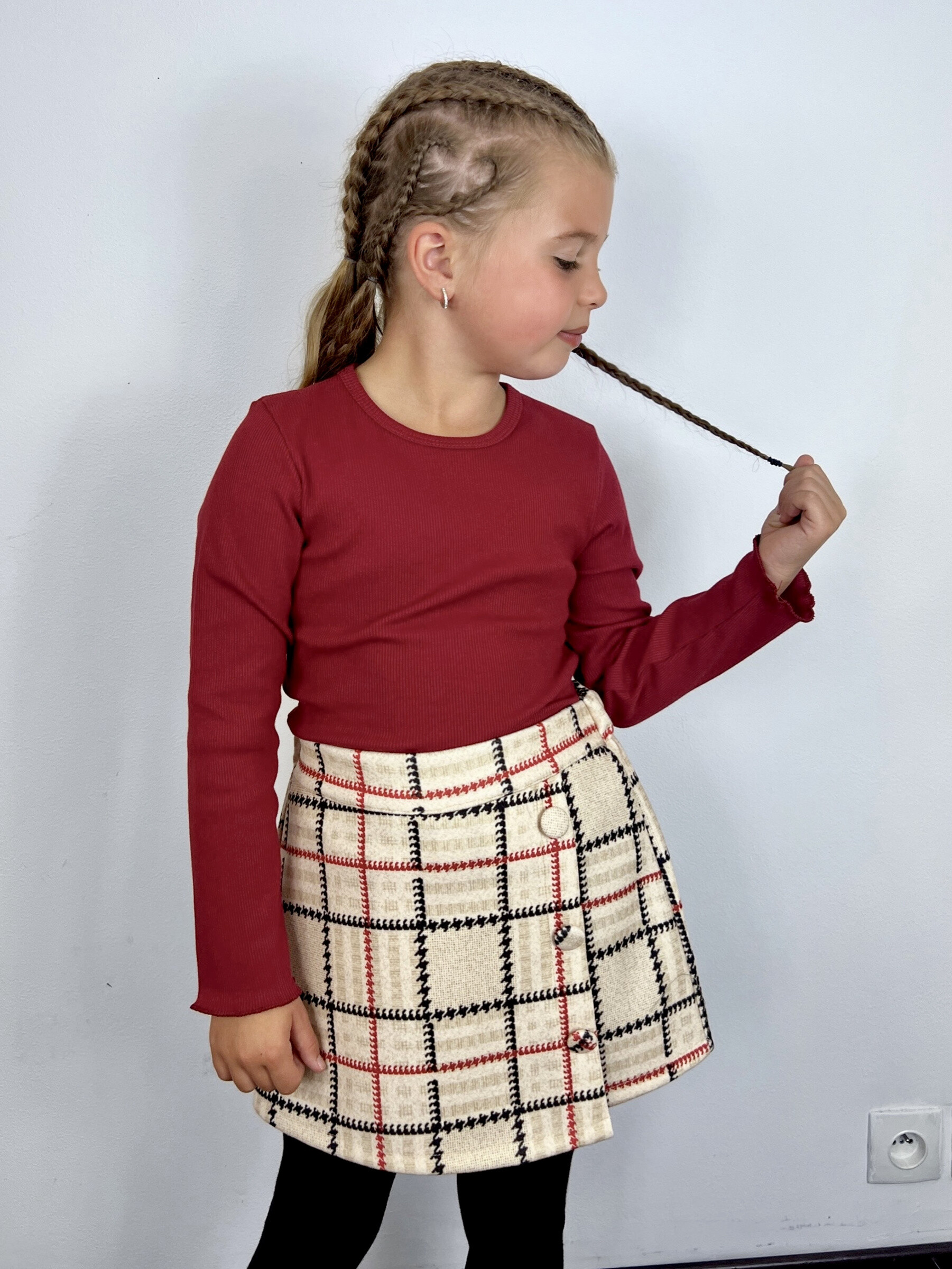 Mayorista Mini Mignon Paris - Conjunto de camiseta de manga larga y falda-pantalón a cuadros para niña