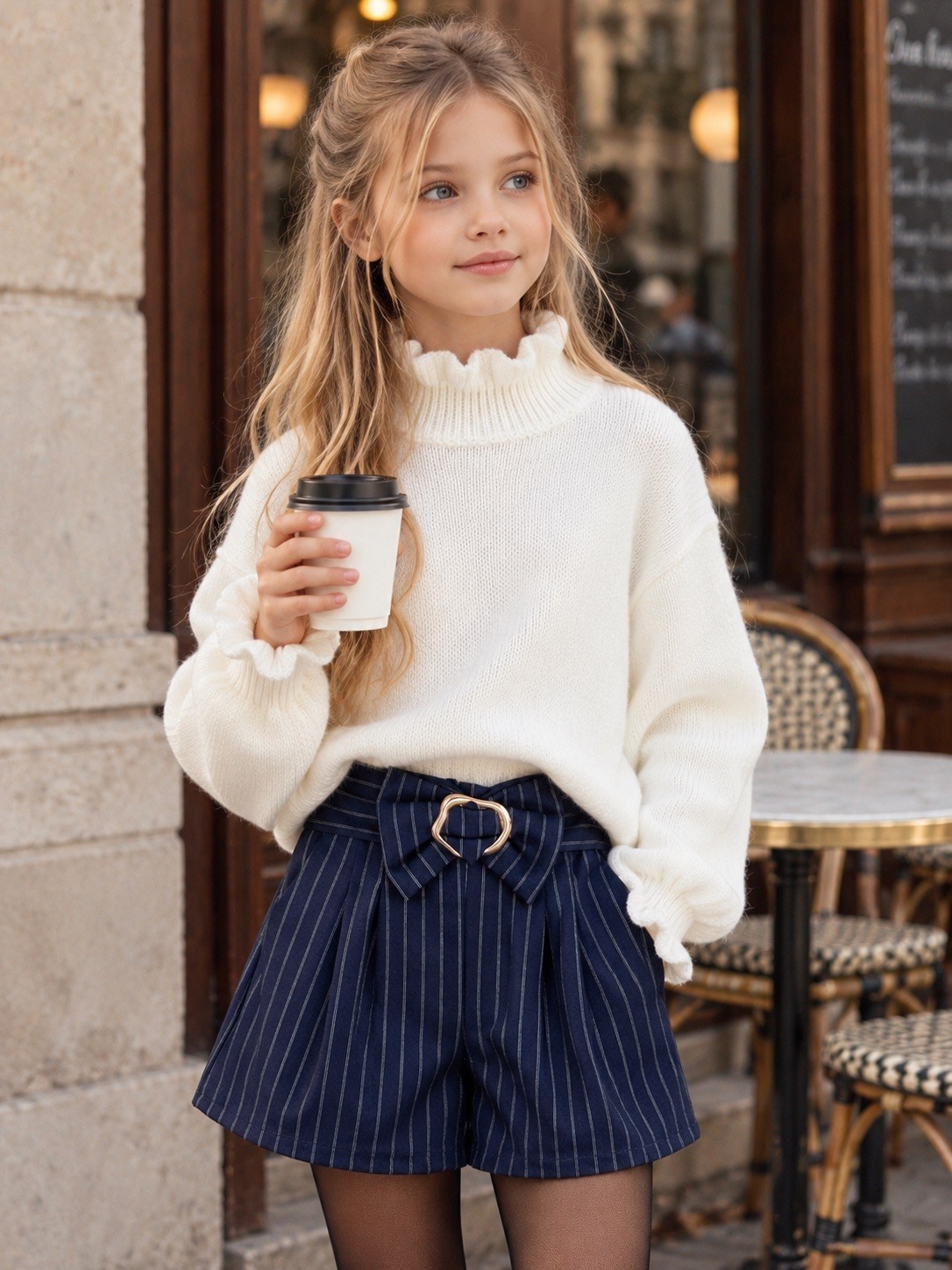 Grossiste Mini Mignon Paris - Ensemble col roulé et short rayé pour fille