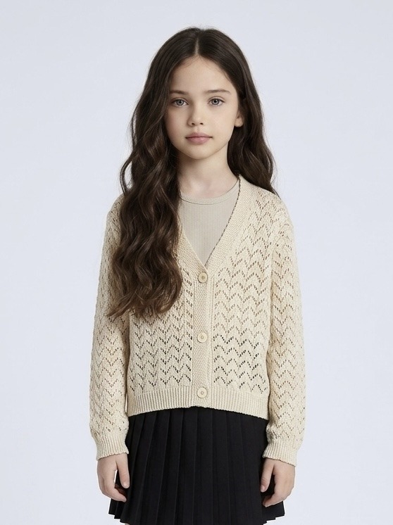 Grossiste Mini Mignon Paris - Gilet fille en coton, maille ajourée et fermeture boutonnée