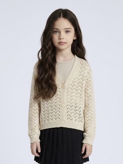Grossiste Mini Mignon Paris - Gilet fille en coton, maille ajourée et fermeture boutonnée Grossiste Mini Mignon Paris - Gilet fille en coton, maille ajourée et fermeture boutonnée